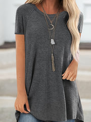 Women's Round Neck V - Neckline Longline Solid Color Short Sleeve T-Shirt - veyora