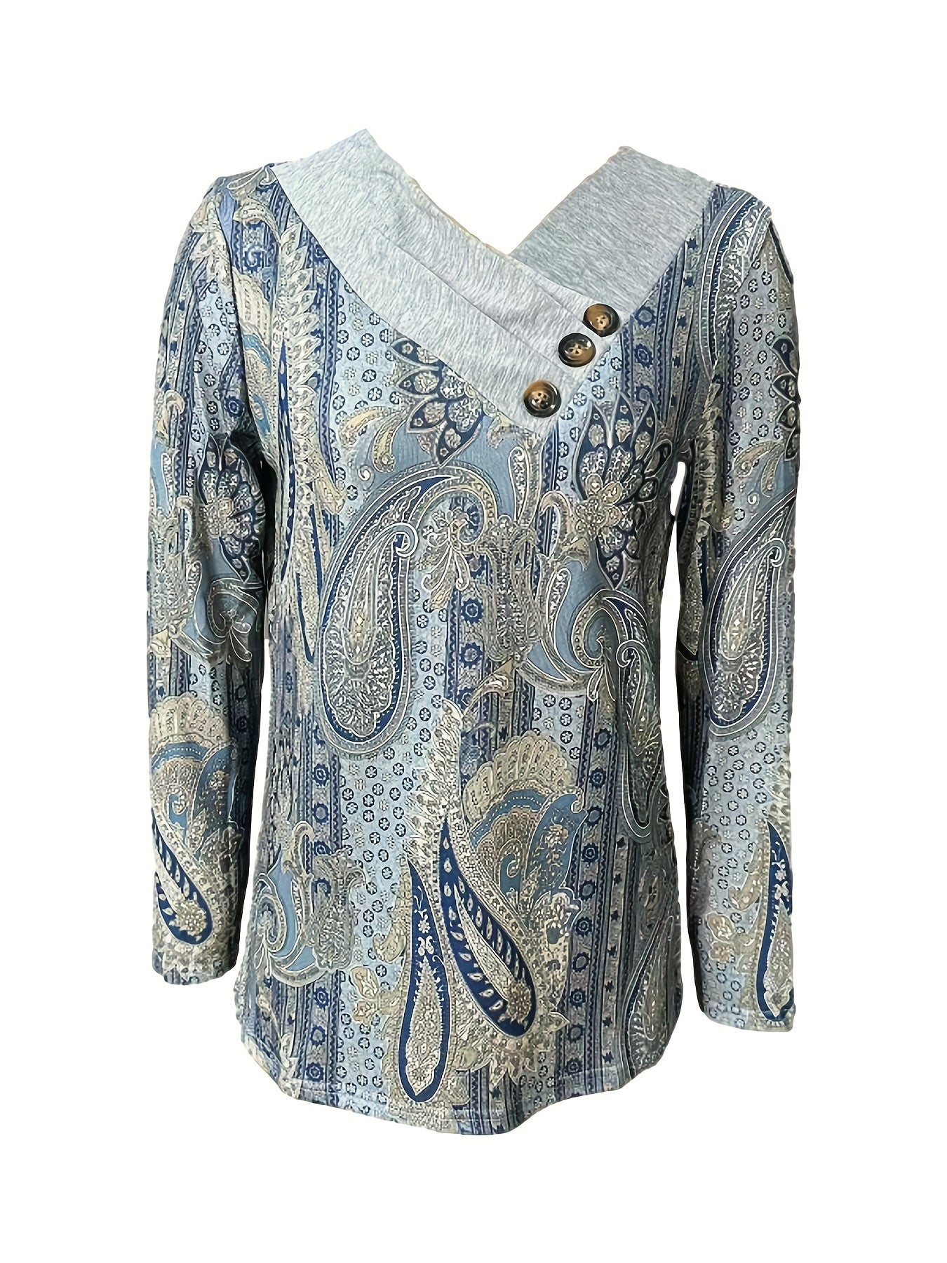 Women'S Elegant Floral Print Long Sleeve V - Neck Button Detail Asymmetric Shoulder Fall Knit Top, High Stretch Polyester 95% Spandex 5% Slim Fit Casual Streetwear Shirt for Spring/Autumn - veyora