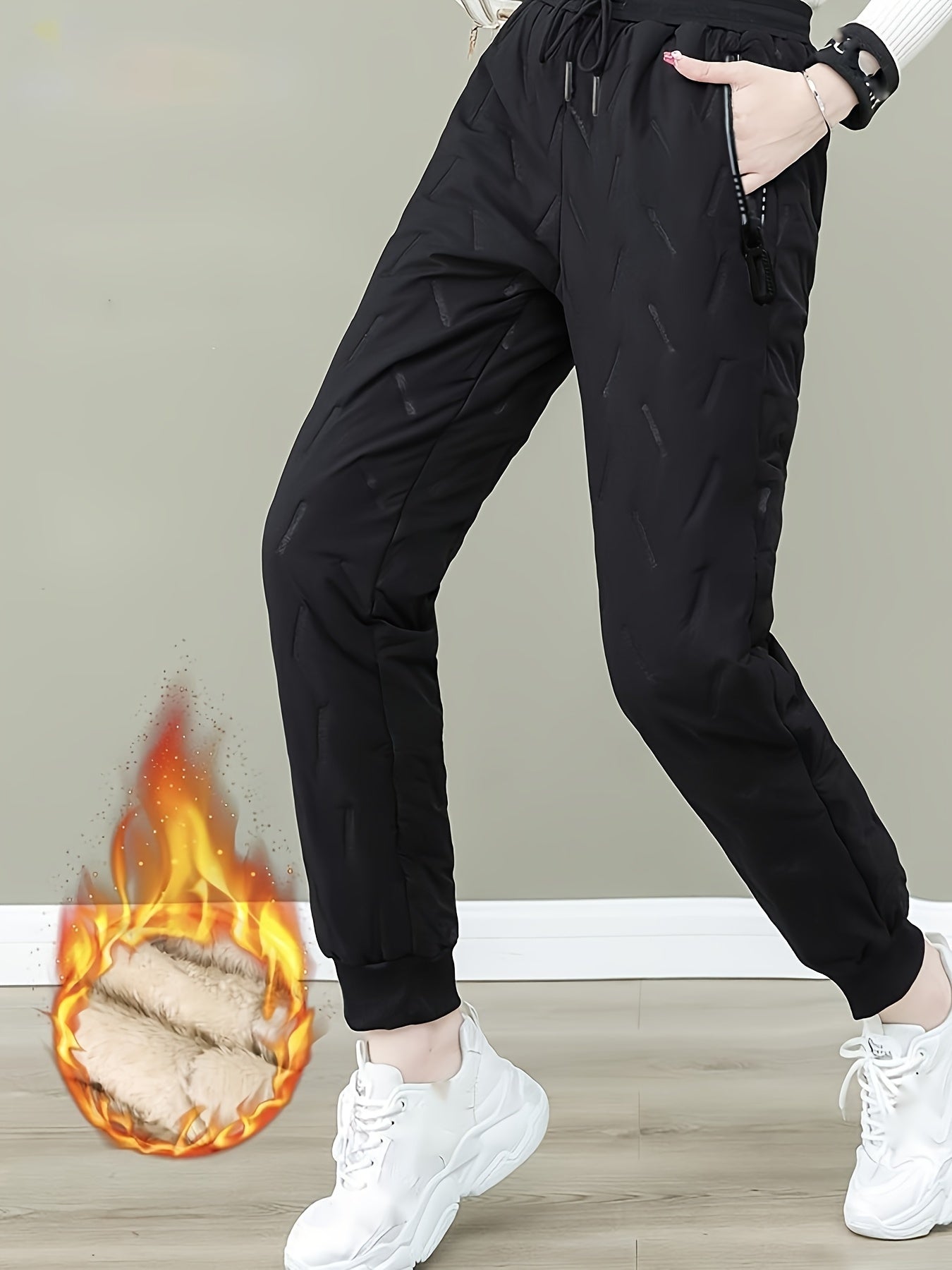 Women's Autumn and Winter - Lined Windproof Warm Joggers, Fashion Zipper Pocket, Elastic Waistband with Drawstring Casual Pants, Suitable for Outdoor Jogging, Cycling, and Leisure in Autumn and Winter - veyora