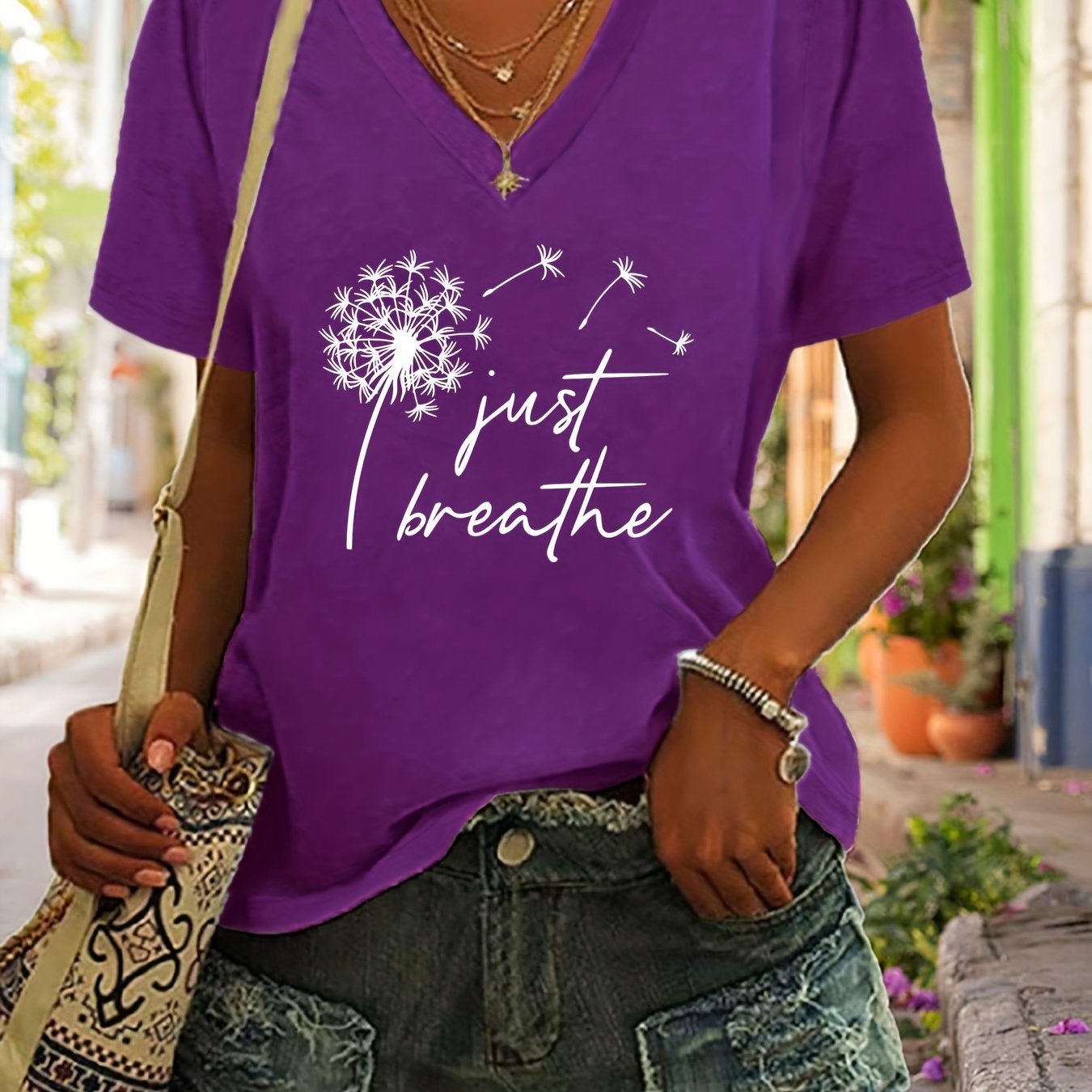 Dandelion Print T-Shirt, V Neck Short Sleeve Summer Casual Top, Women's Clothing - veyora