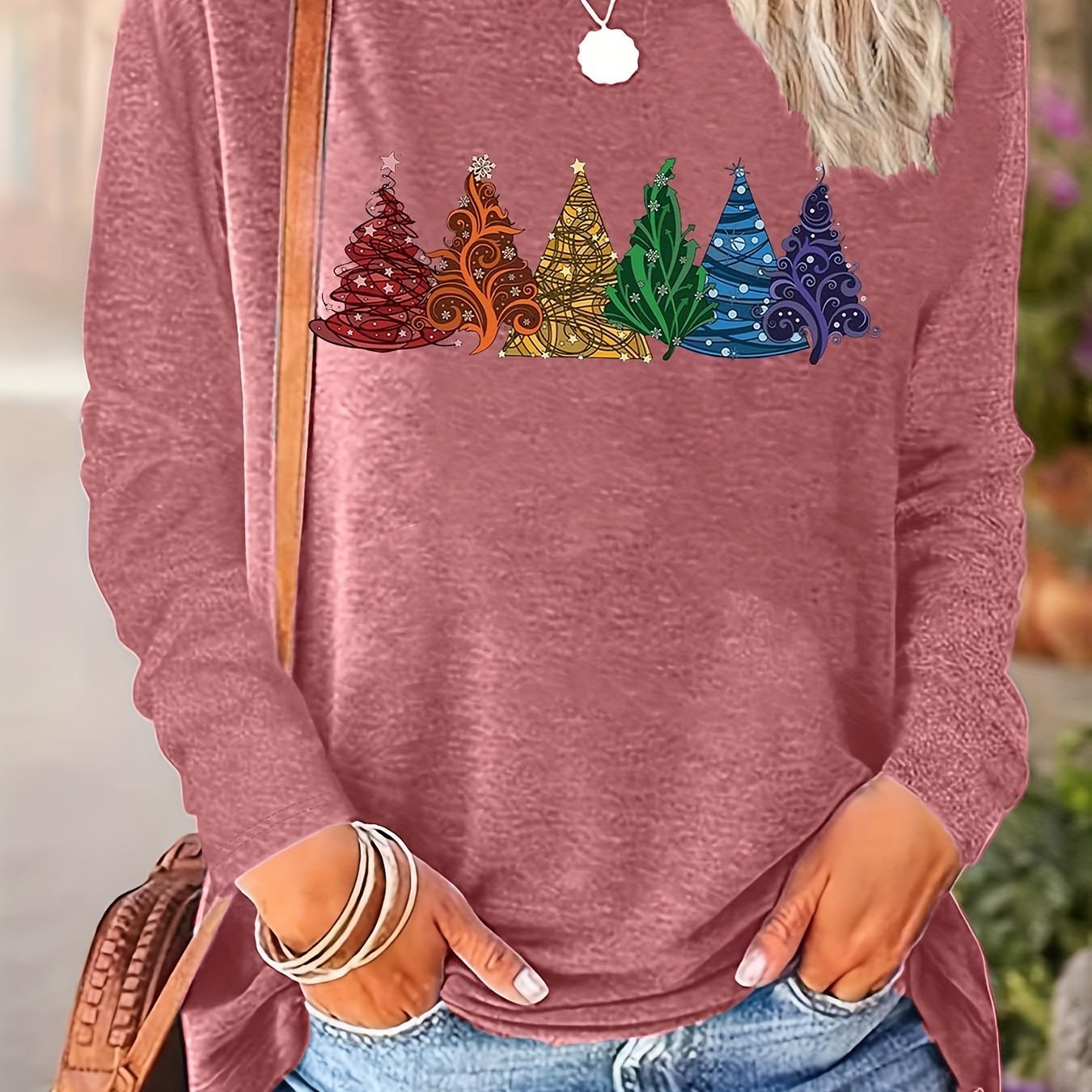 Christmas Spring/Autumn New Arrival Positioning Print Crew Neck Long Sleeve Loose Fit Base Layer T-Shirt, Machine Washable - Suitable for Spring/Autumn Daily Wear and Home Use - veyora