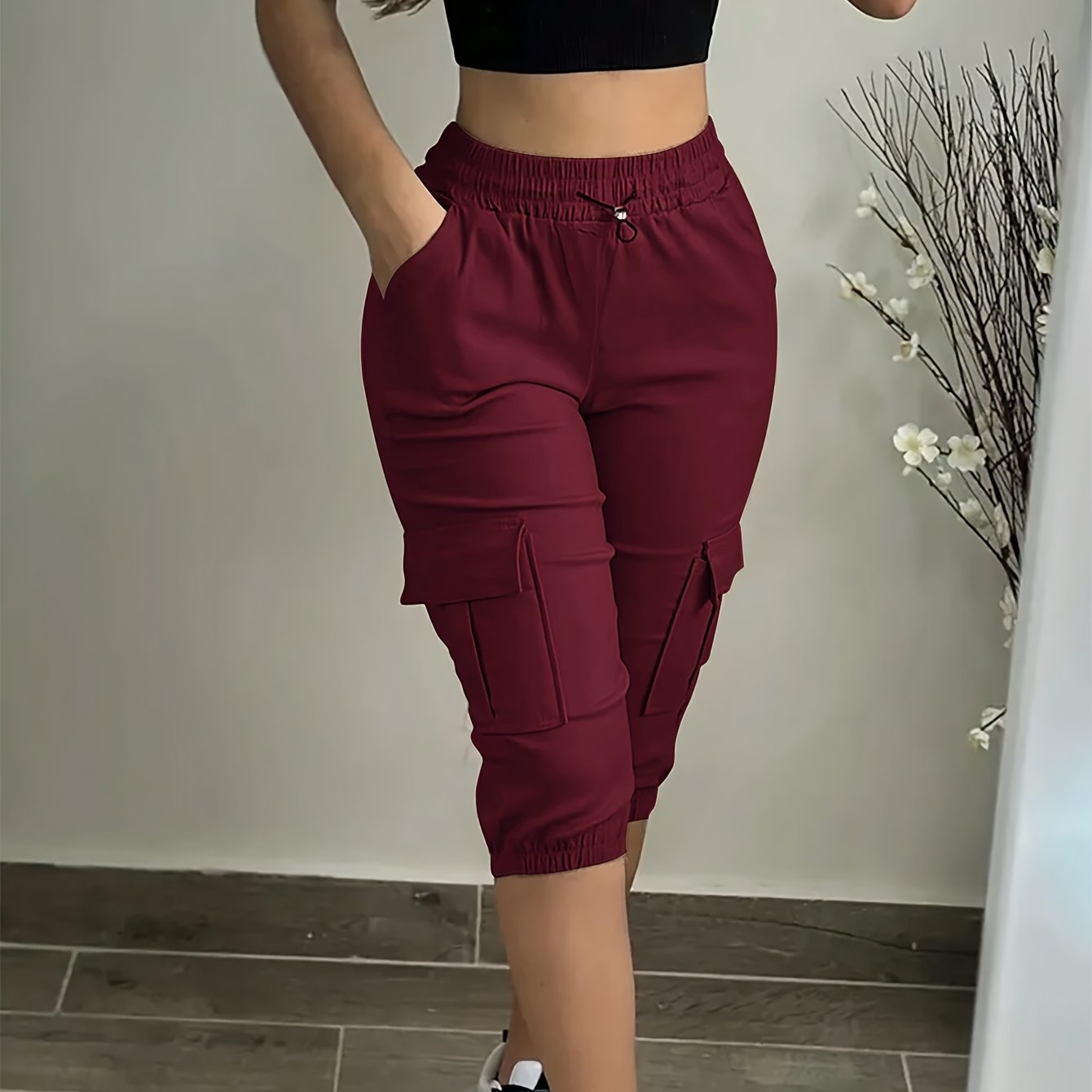 Women'S Elastic Waist Casual Pants with Multiple Pockets, Cropped Solid Color Sweatpants, Cycling Pants, And Cargo Pants - veyora