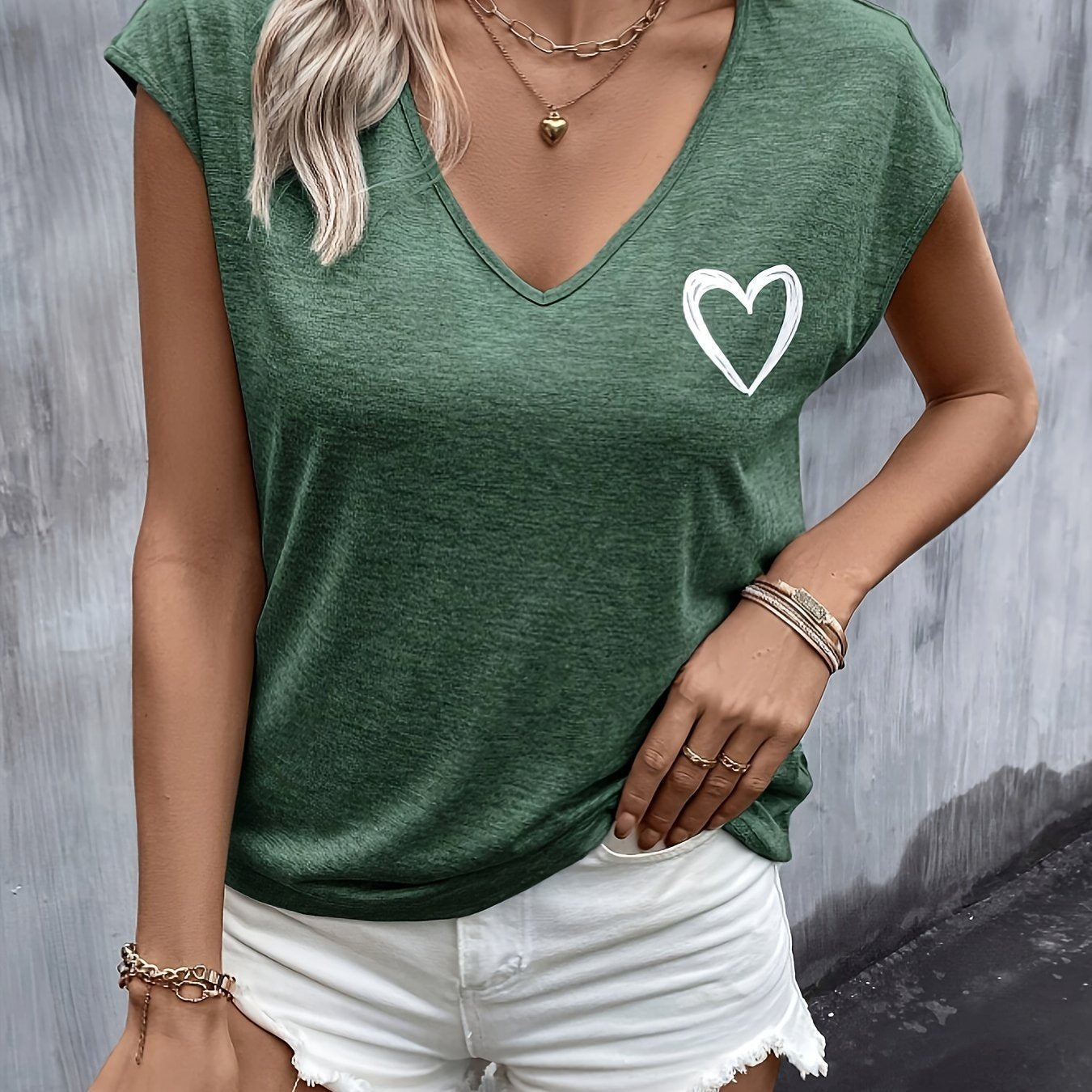 Summer Heart Print Batwing Sleeve T-Shirt - veyora