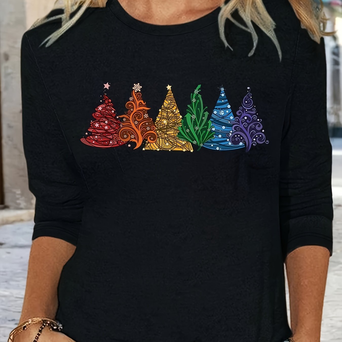 Christmas Spring/Autumn New Arrival Positioning Print Crew Neck Long Sleeve Loose Fit Base Layer T-Shirt, Machine Washable - Suitable for Spring/Autumn Daily Wear and Home Use - veyora
