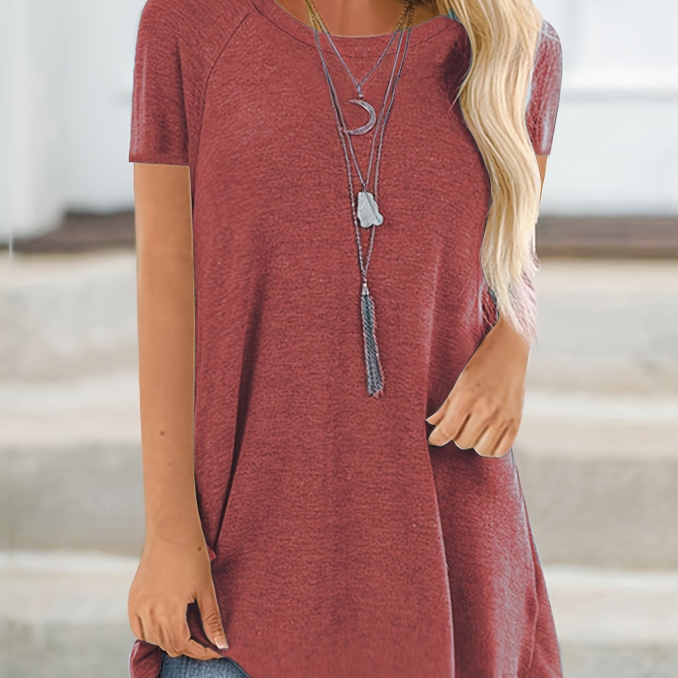 Women's Round Neck V - Neckline Longline Solid Color Short Sleeve T-Shirt - veyora