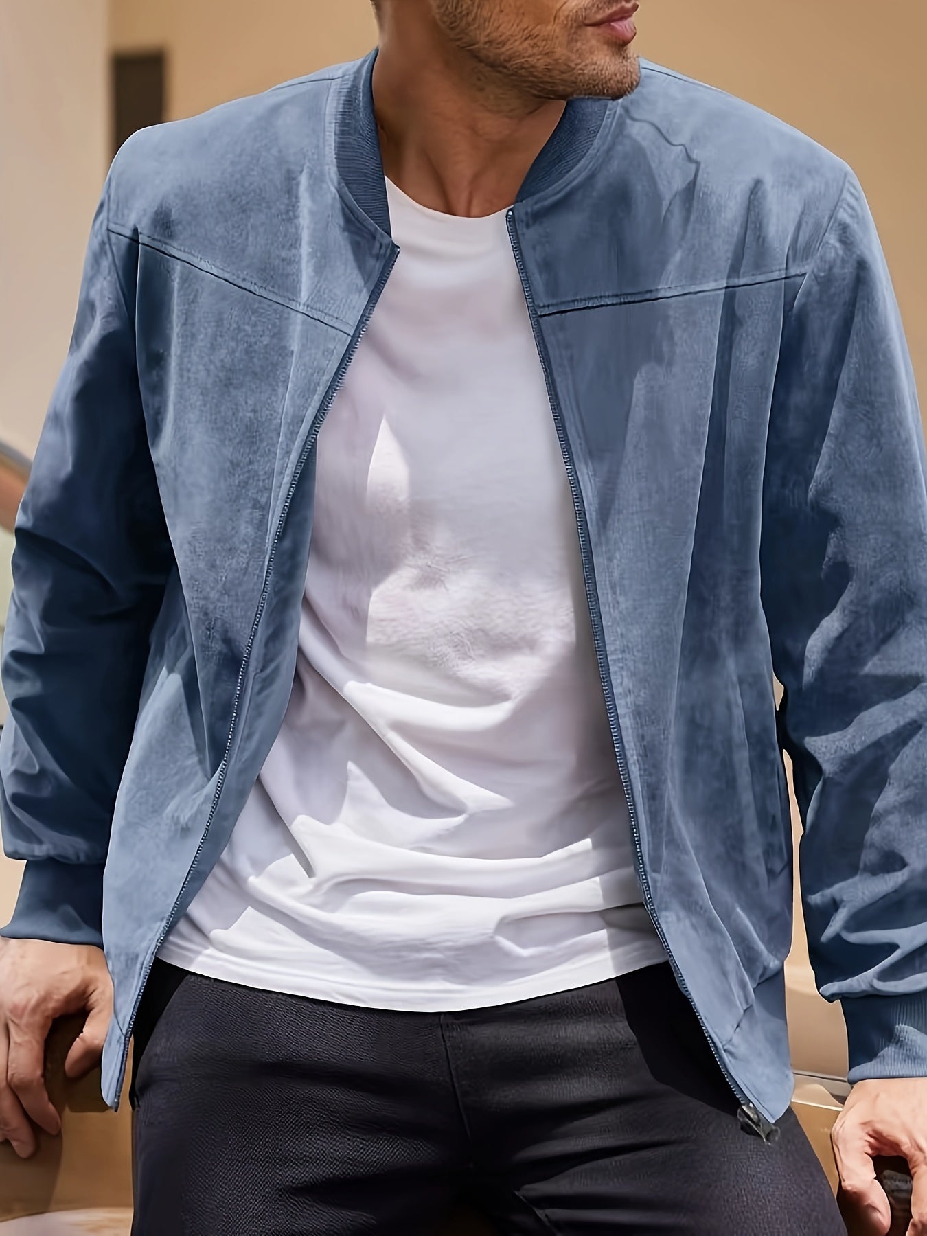 Suede Solid Color Men'S Zipper Jacket Casual Retro Long Sleeved Cardigan Jacket Men'S - veyora