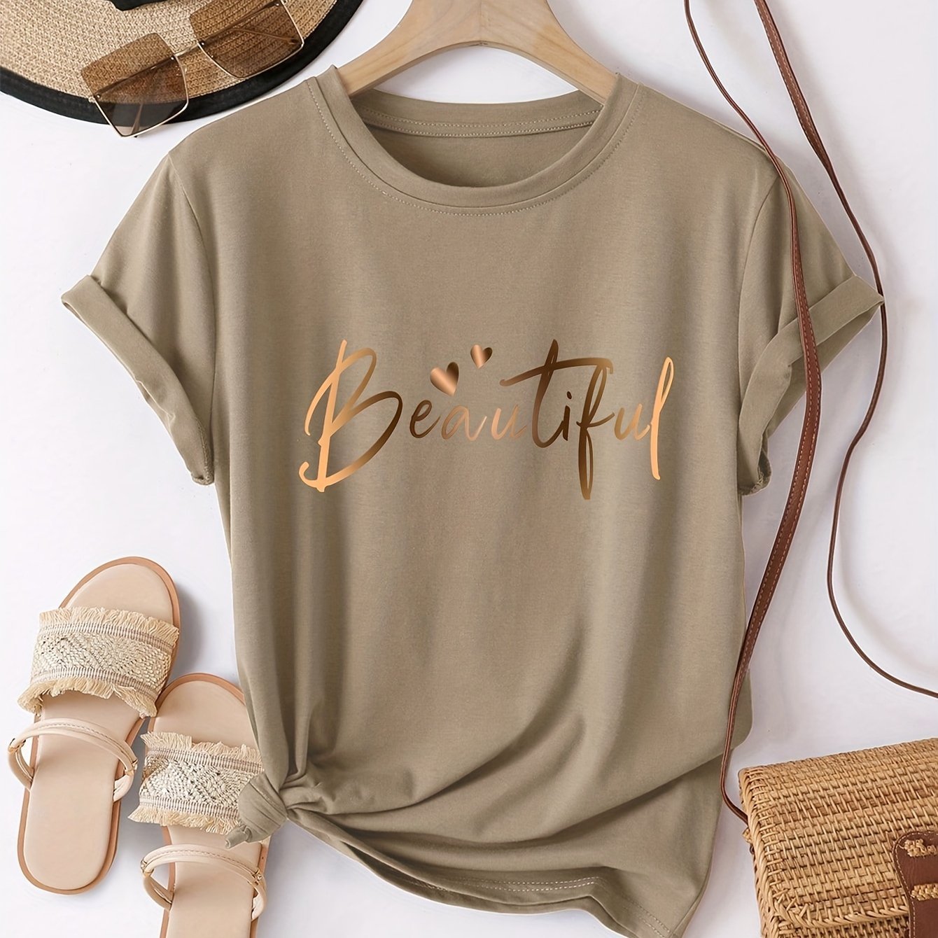 Casual Short - Sleeve T-Shirt for Women with a Heart - Shaped Letter Design, Featuring a Easy Round Neck And a Loose Fit Suitable for Spring And Summer - veyora