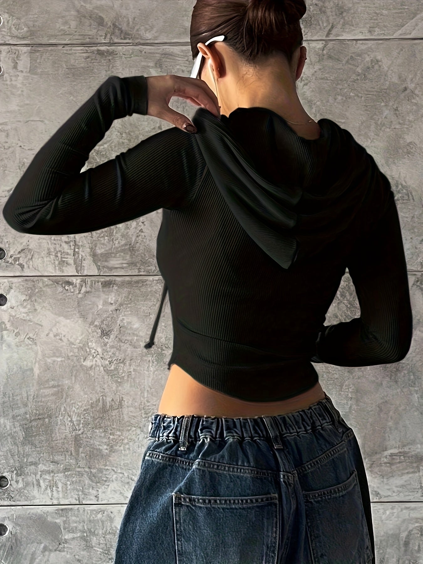 Women'S Elegant Zip - Up Hooded Jacket - Long Sleeve, Black Ribbed, Drawstring Front, Casual Style for Spring/Fall, Casual Outerwear | Hooded Jacket | Construction, Essential Hoodie - veyora