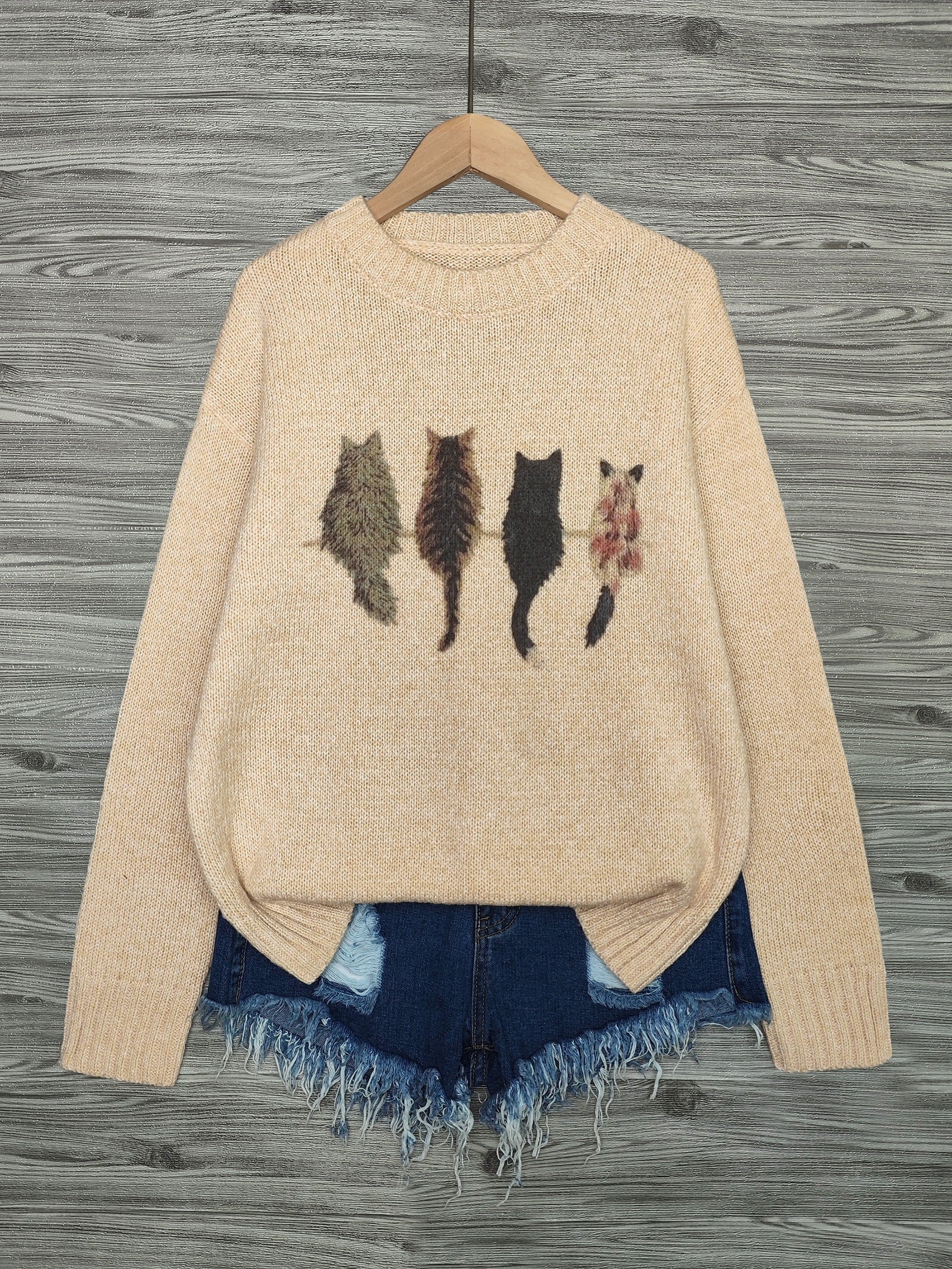 [Casual Cat Print Sweater] Color Block Cat Print Crew Neck Knit Sweater - Loose Fit Pullover - 100% Polyester - Women's Casual for Fall/Winter