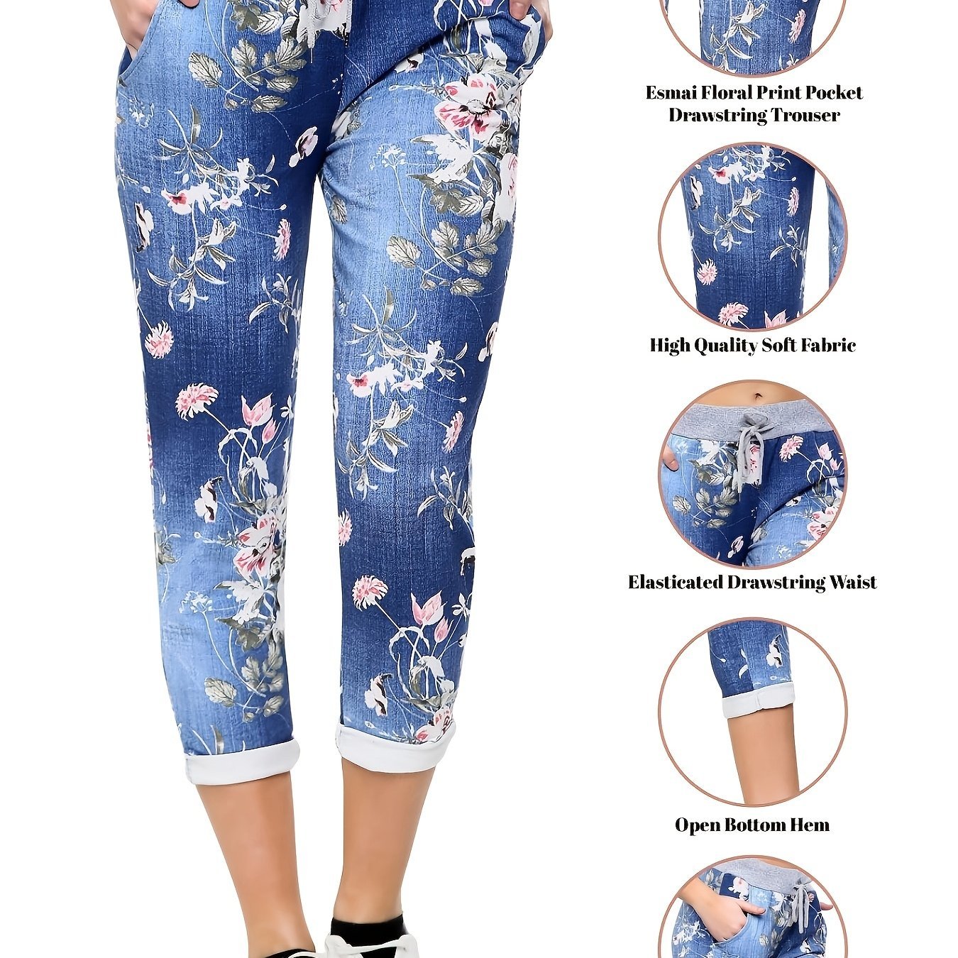 Floral Print Drawstring Capri Pants - veyora