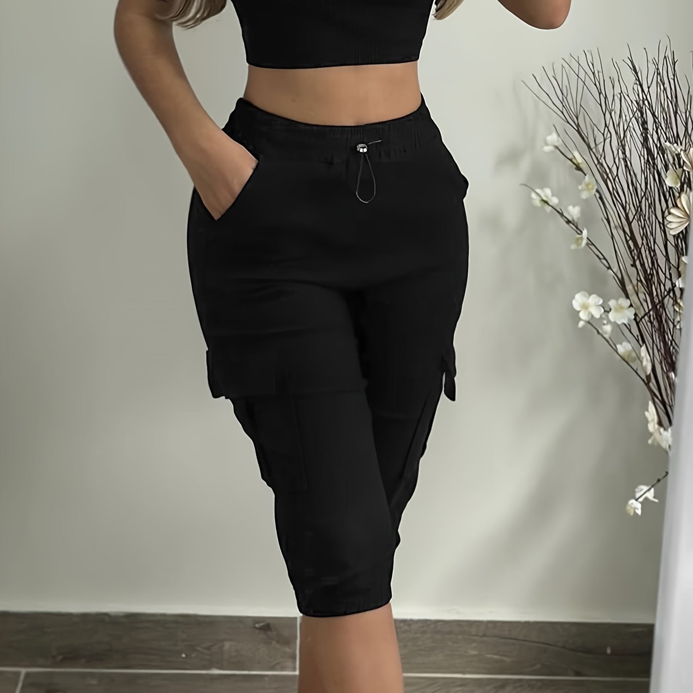 Women'S Elastic Waist Casual Pants with Multiple Pockets, Cropped Solid Color Sweatpants, Cycling Pants, And Cargo Pants - veyora