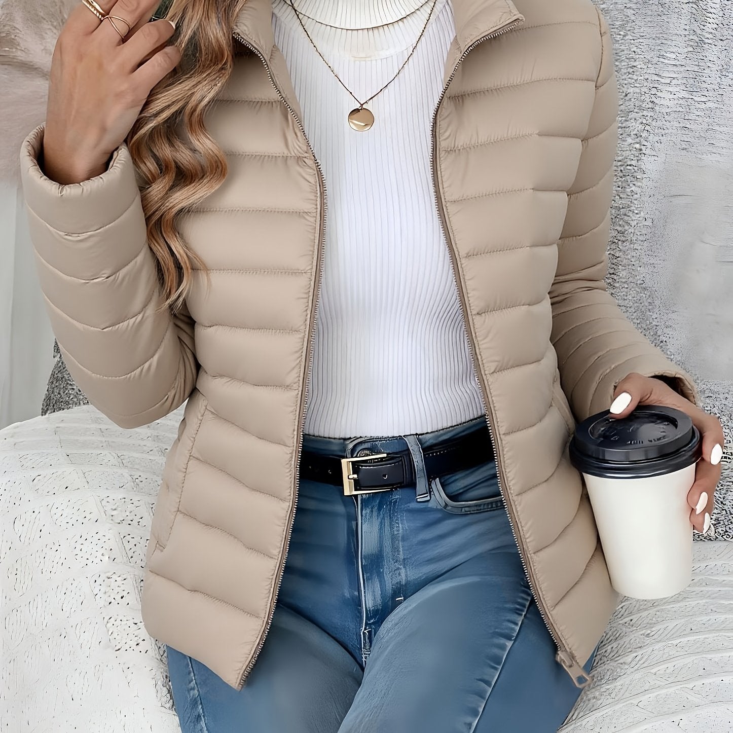 Women's Spring Slim - Fit Lightweight Warm Solid Color Jacket - Elegant Fashion Versatile Beautiful Coat - Stand Collar Zipper Long Sleeve - Casual Padded Polyester Short Coat - Winter Clothing - veyora