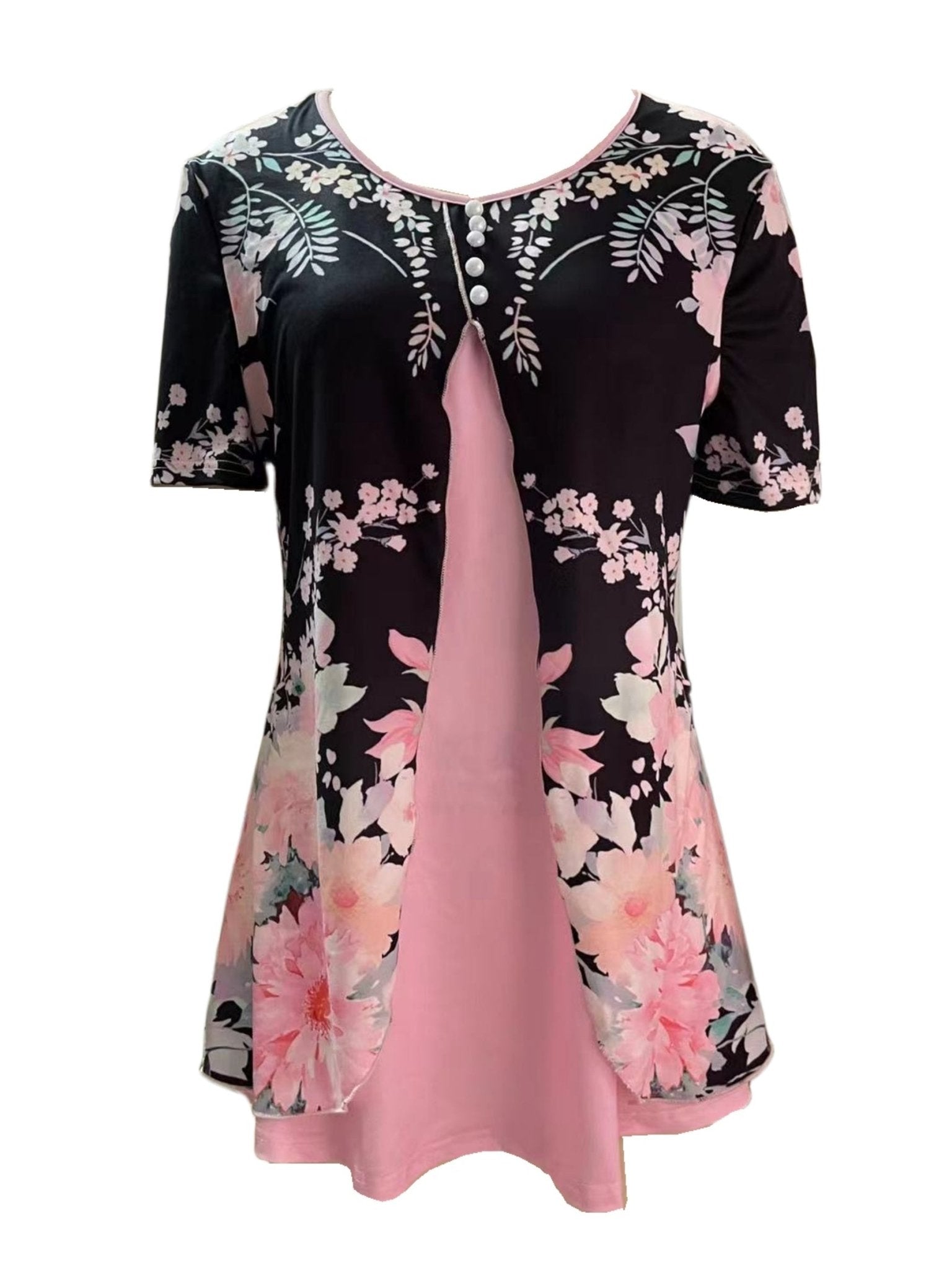 Floral Print Faux Peal Decor T-Shirt, Casual V Neck Short Sleeve Top For Spring & Summer, Women's Clothing - veyora