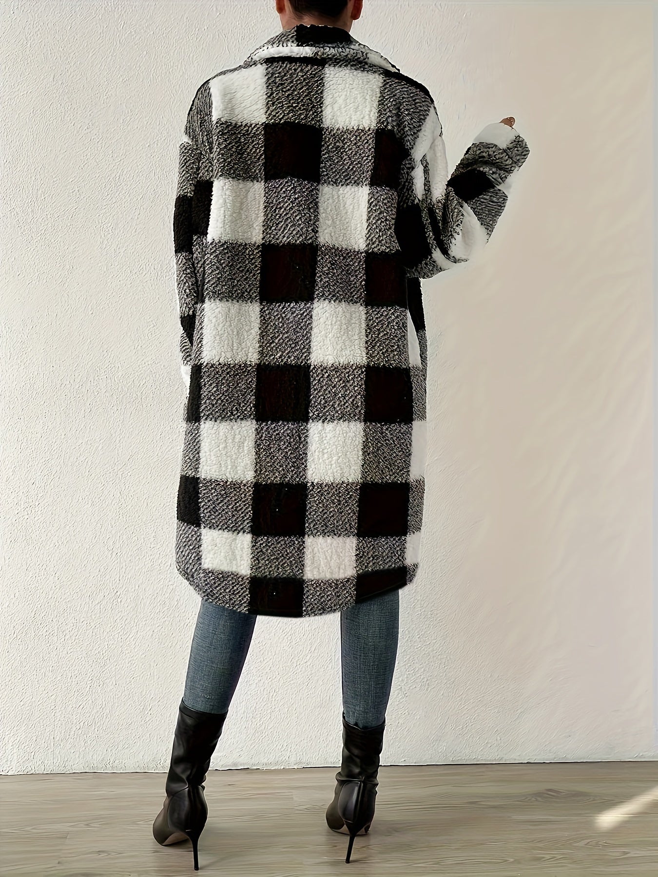 Plaid Pattern Teddy Coat, Casual Button Front Long Sleeve Outerwear, Women's Clothing