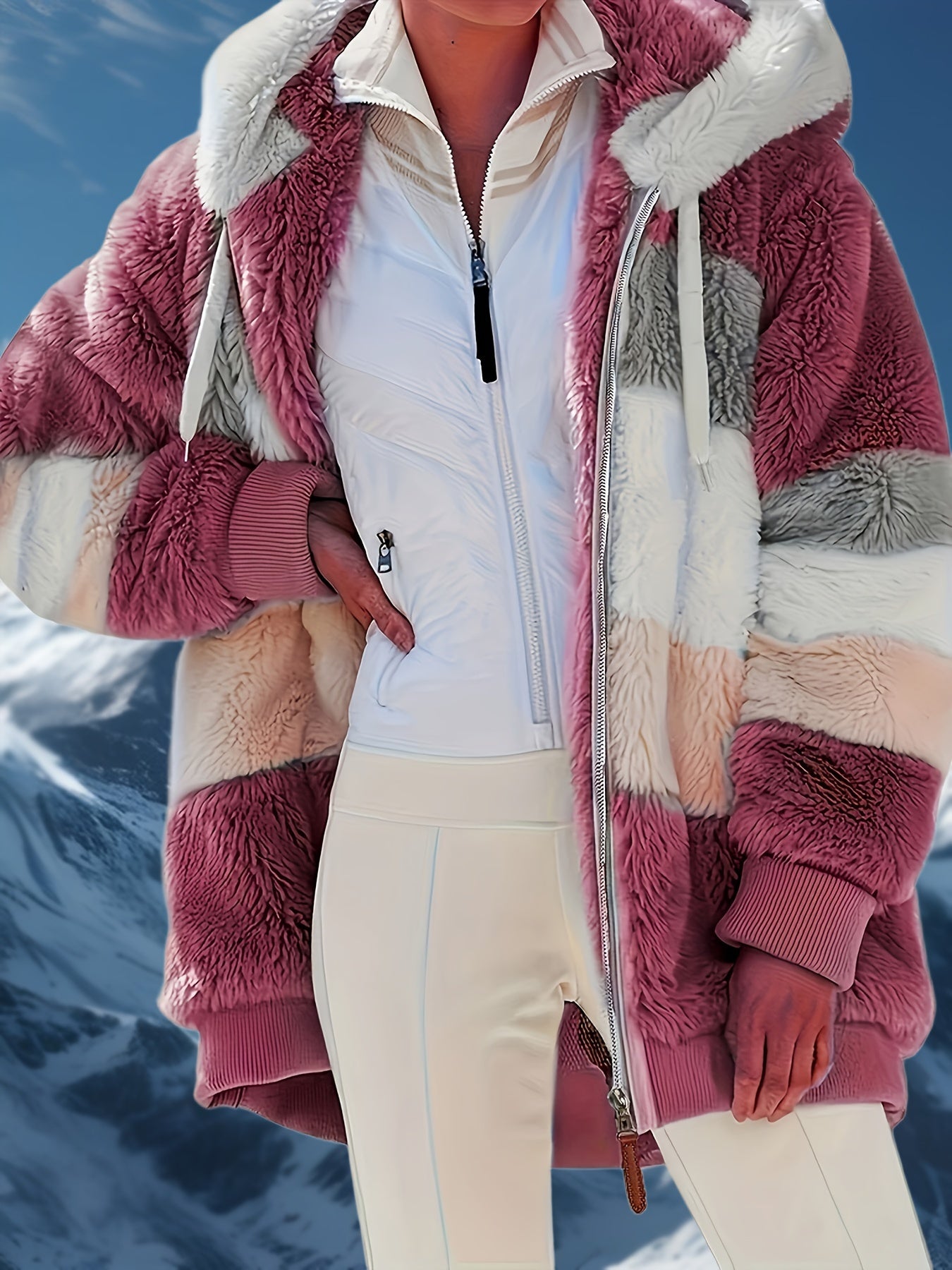 [Stylish Winter Coat] Warm Fleece-Lined Women's Hooded Winter Coat - Stylish Brown & White Geometric Pattern, Casual Fall/Winter Jacket with Zipper Pockets, Plush Panel Design