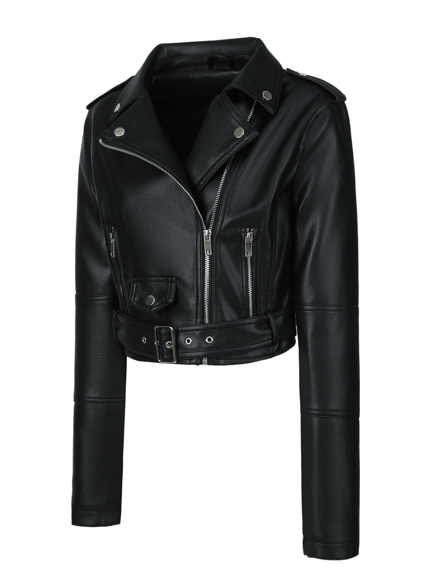 Solid Zipper Front PU Leather Crop Jacket, Casual Long Sleeve Lightweight Jacket for Fall & Spring, Women's Clothing - veyora