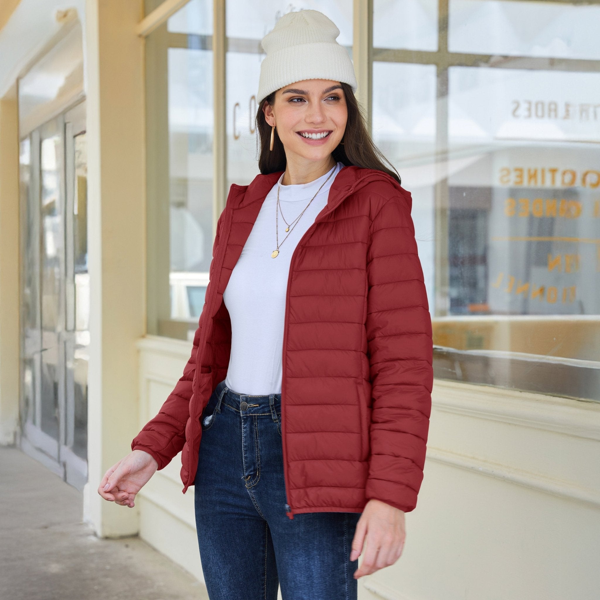 Women's Hooded Lightweight Puffer Jacket Full Zip Winter Coat - veyora