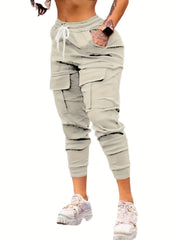 Flap Pockets Jogger Pants, Casual Drawstring Cargo Pants For Every Day, Women's Clothing - veyora