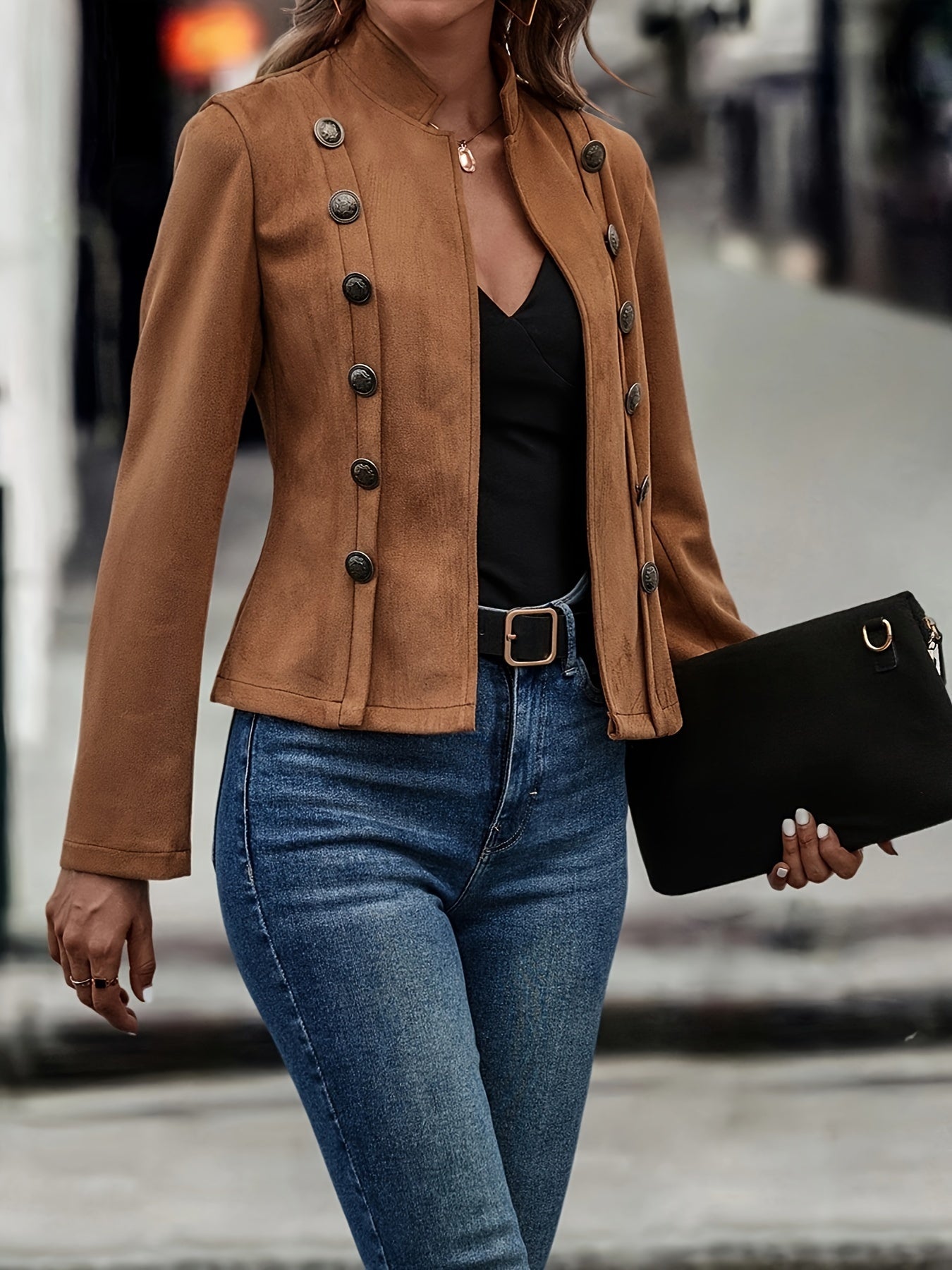 Women's European and American suede jacket, slimming and decorative double-breasted jacket