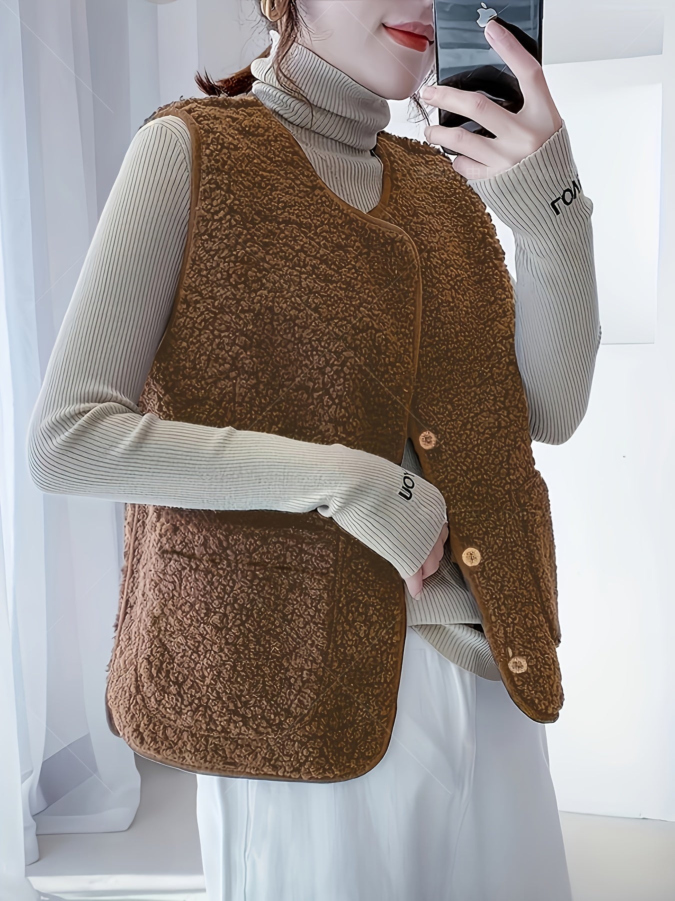 Women'S Button Lamb Vest Winter Spring Can Be Worn Outside Plush Vest Casual Fashion Cute Coat Solid Color Double Pockets - veyora