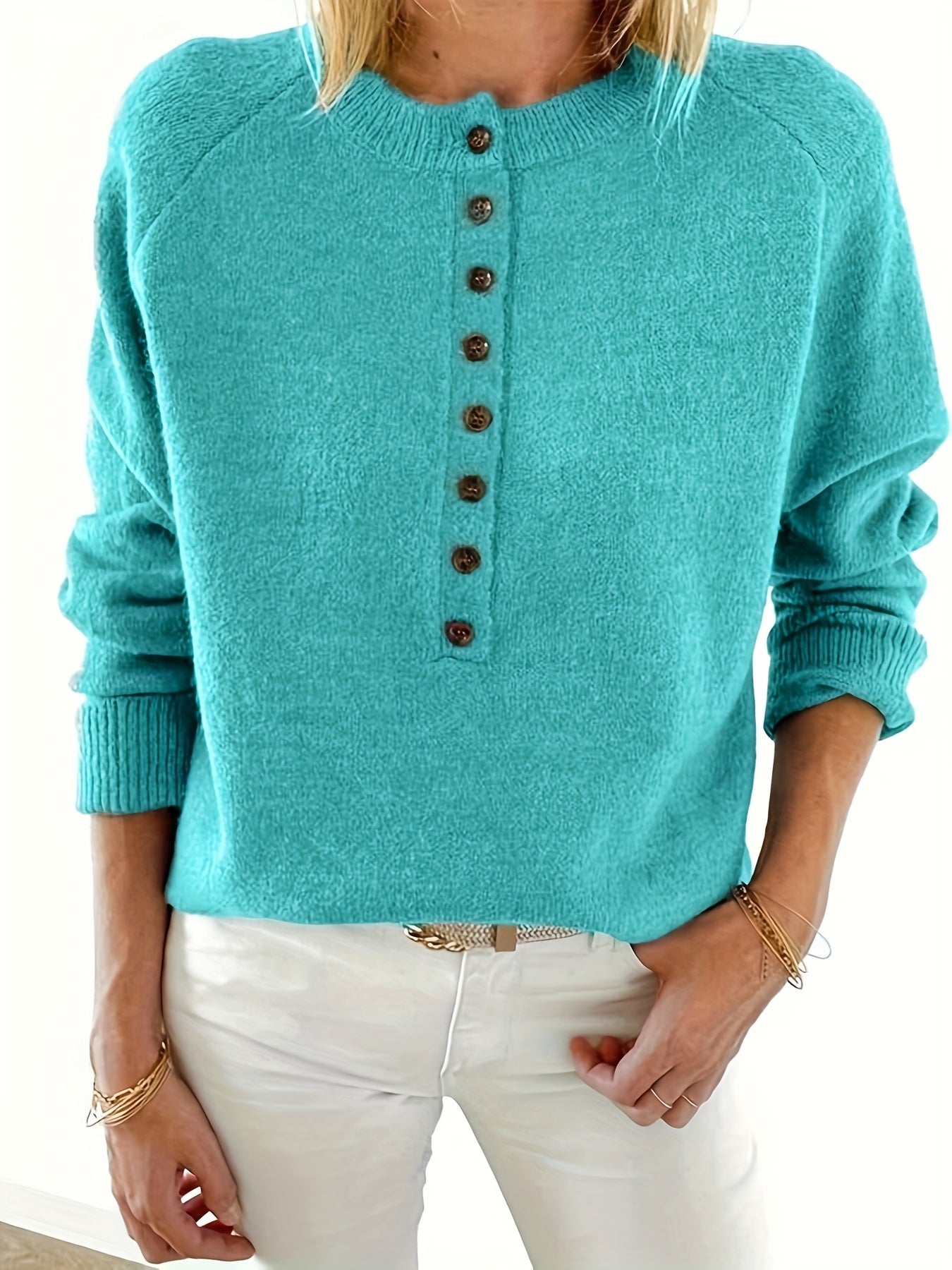 Women's Soft Turquoise Knit Sweater with Button Details - Casual Long Sleeve Pullover for Fall/Winter, Round Neck, Polyester, Lightweight & Cozy Design, Ladies Sweaters