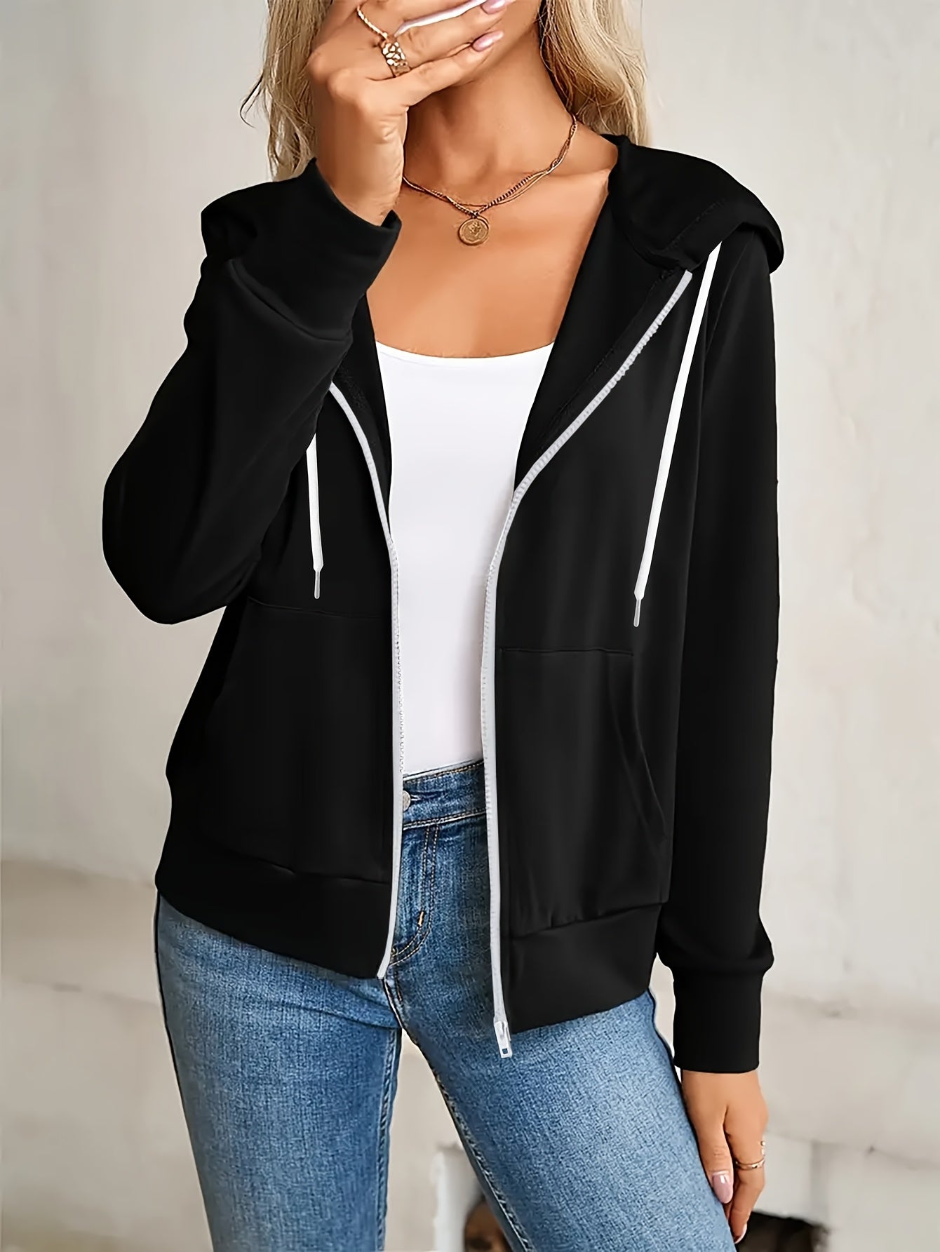 Fashion Women's Hooded Zip - Up Sweatshirt - Solid Color, Long Sleeve, Casual Sportswear with Adjustable Drawstring and Smooth Zipper Closure - Comfortable and Trendy - veyora