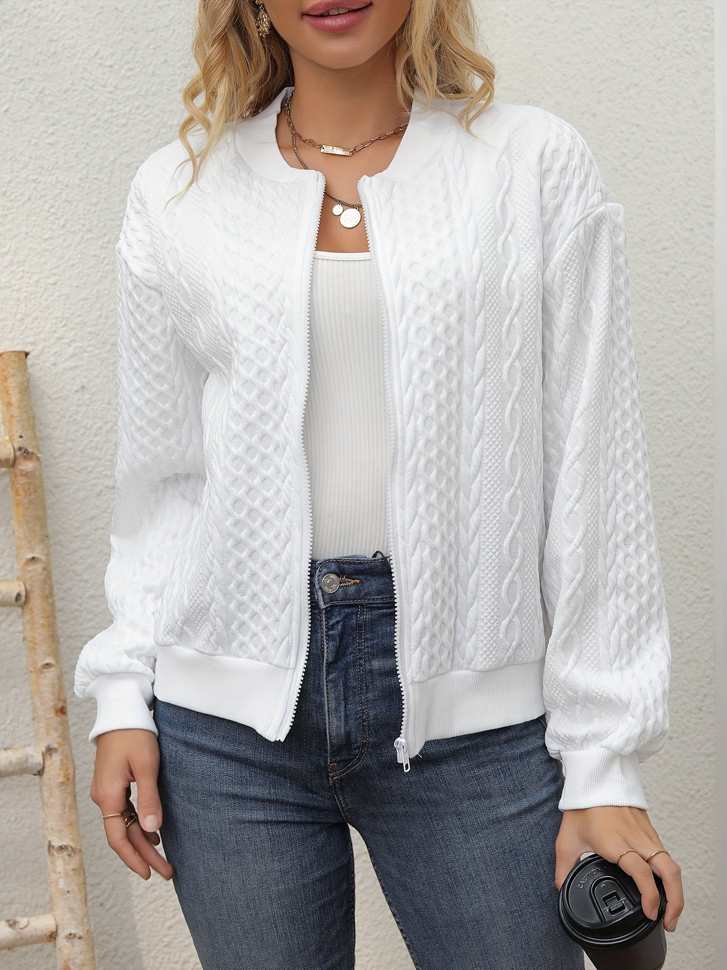 Women's Elegant Casual Baseball Collar Jacket - Soft Pink Zip-Up Fall/Winter Outerwear, Machine Washable Non-Stretch Fabric, Chic Layering Piece for Everyday & Special Occasions, Sleek Zipper Closure