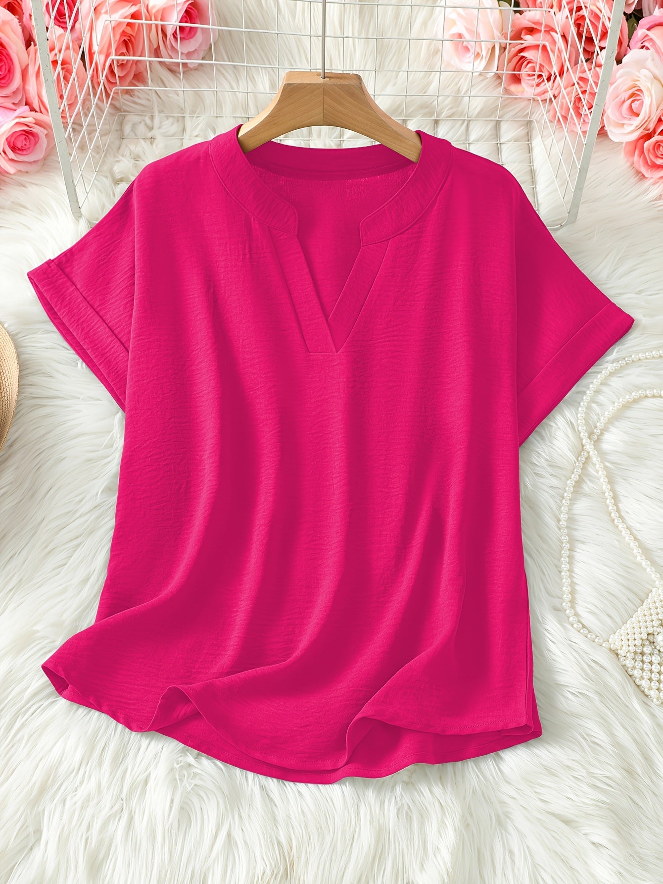 Women's V - neck Drop Shoulder Sleeves Solid Color Loose Short Sleeve Shirt Top - veyora