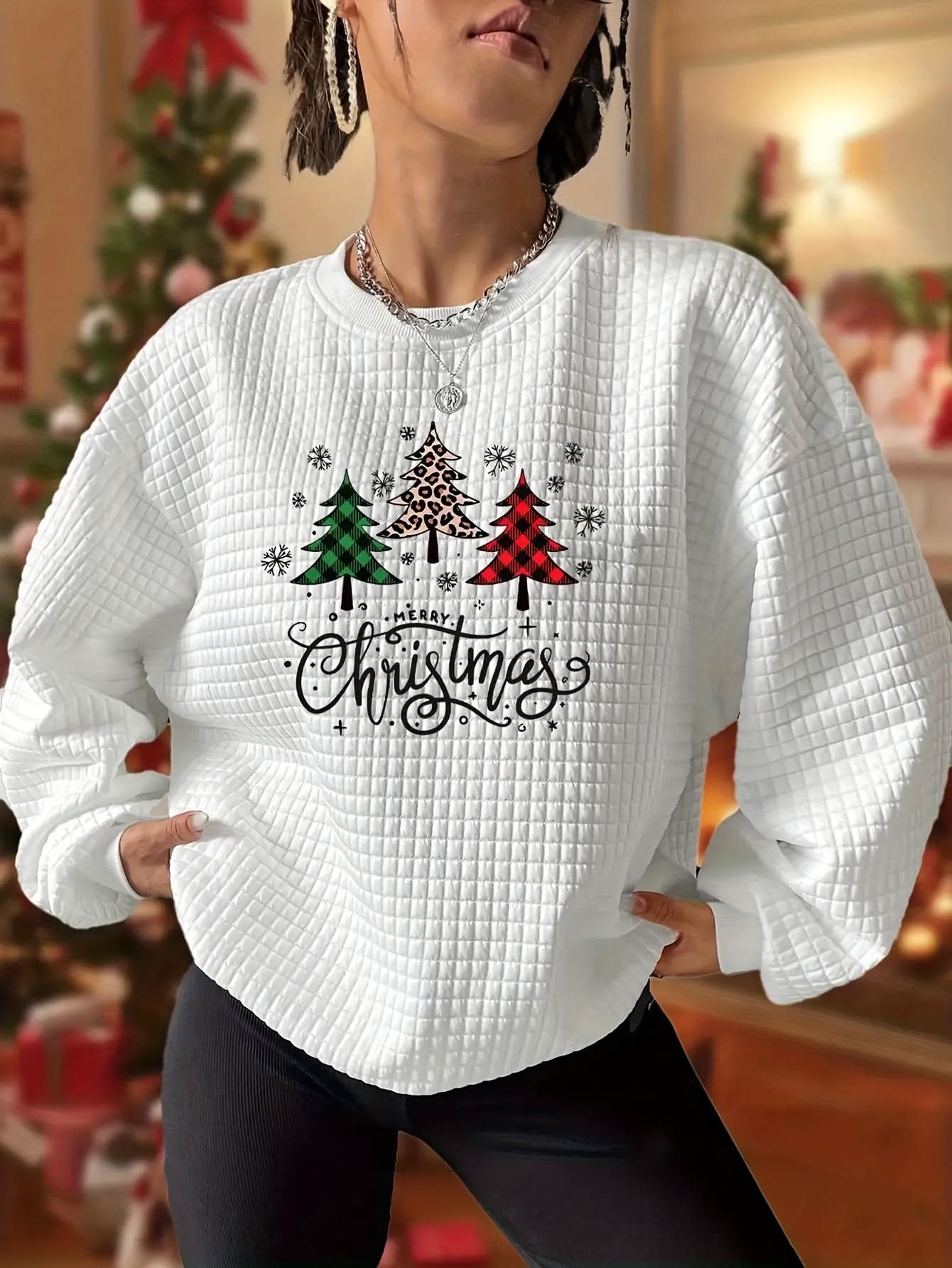 New Christmas Tree Printed Quilted Jacquard Round Neck Sweatshirt - veyora