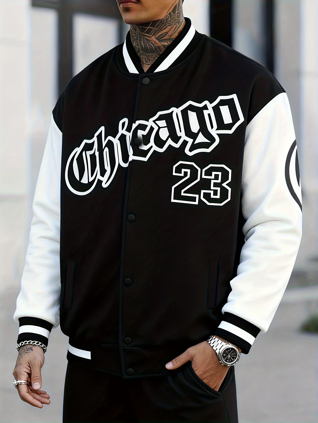 Men's Casual Letter Print Color Block Varsity Jacket, Chic Style Baseball Collar Jacket - veyora