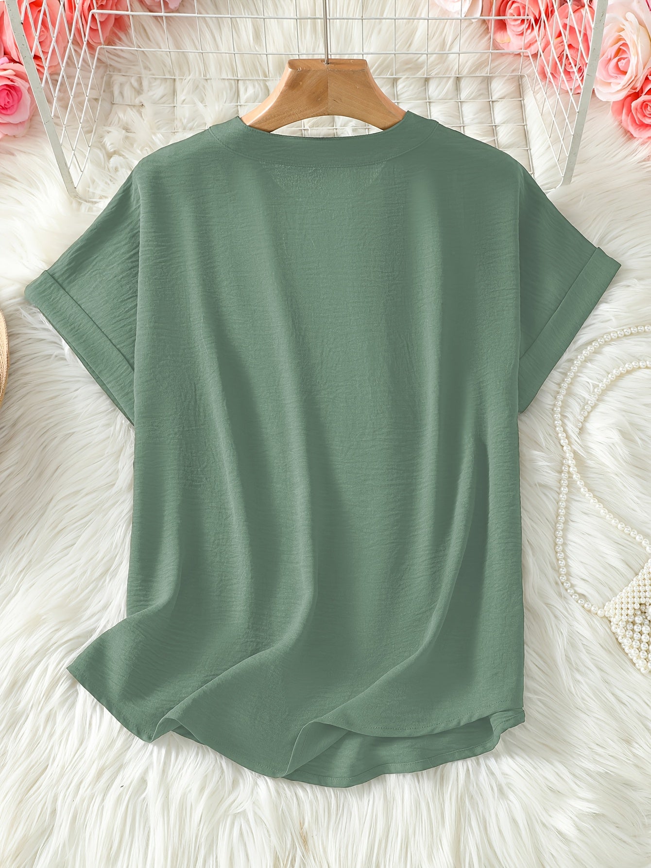 Women's V - neck Drop Shoulder Sleeves Solid Color Loose Short Sleeve Shirt Top - veyora