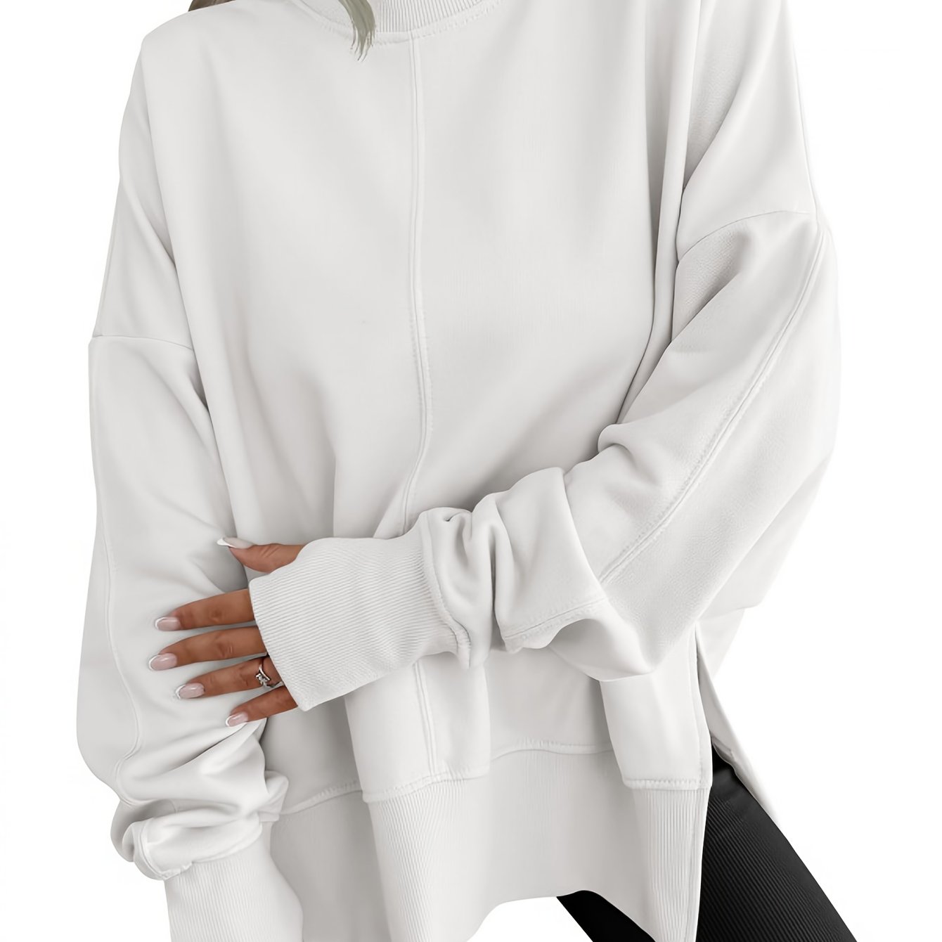 Casual Women'S Hoodie Featuring a Loose Fit, Side Slits, Round Neckline, Batwing Sleeves, And a Velvet Material - veyora