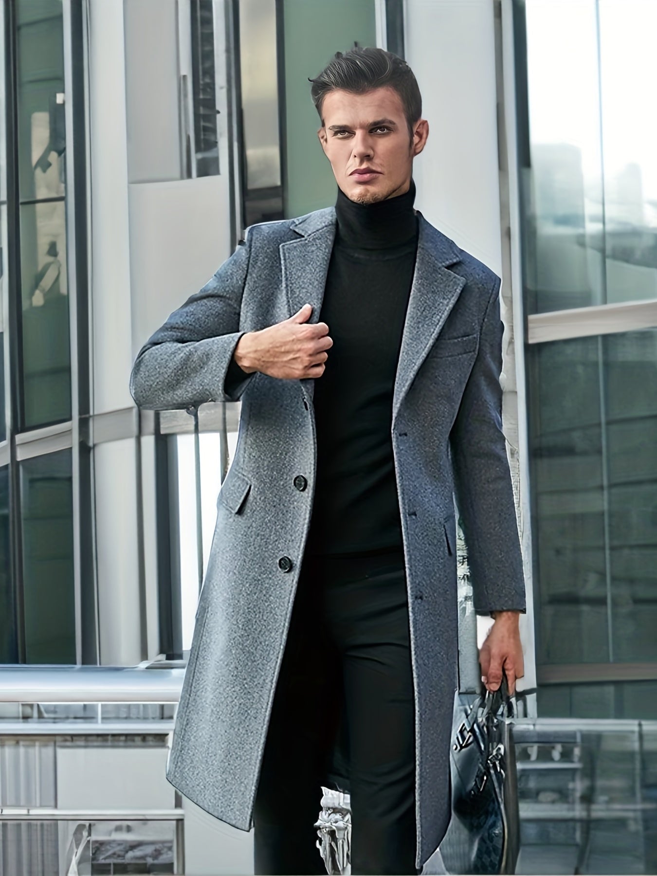 New Autumn/Winter Tweed Overcoat for Men, Long Length, Painted Finish, Warm and Thickened Tweed Outerwear, Men's Casual Wool Blend Jacket Trench Coat - veyora