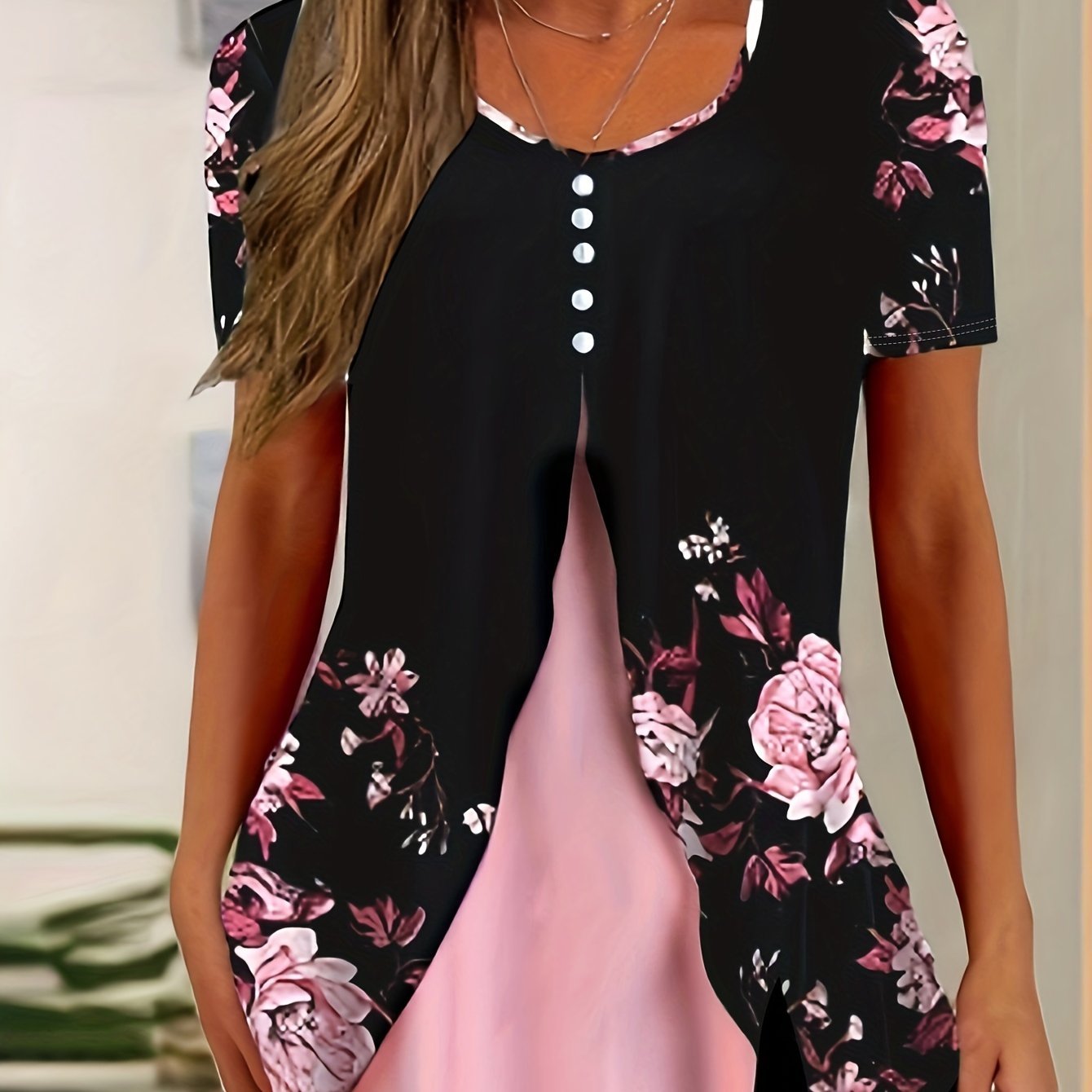 Floral Print Faux Peal Decor T-Shirt, Casual V Neck Short Sleeve Top For Spring & Summer, Women's Clothing - veyora