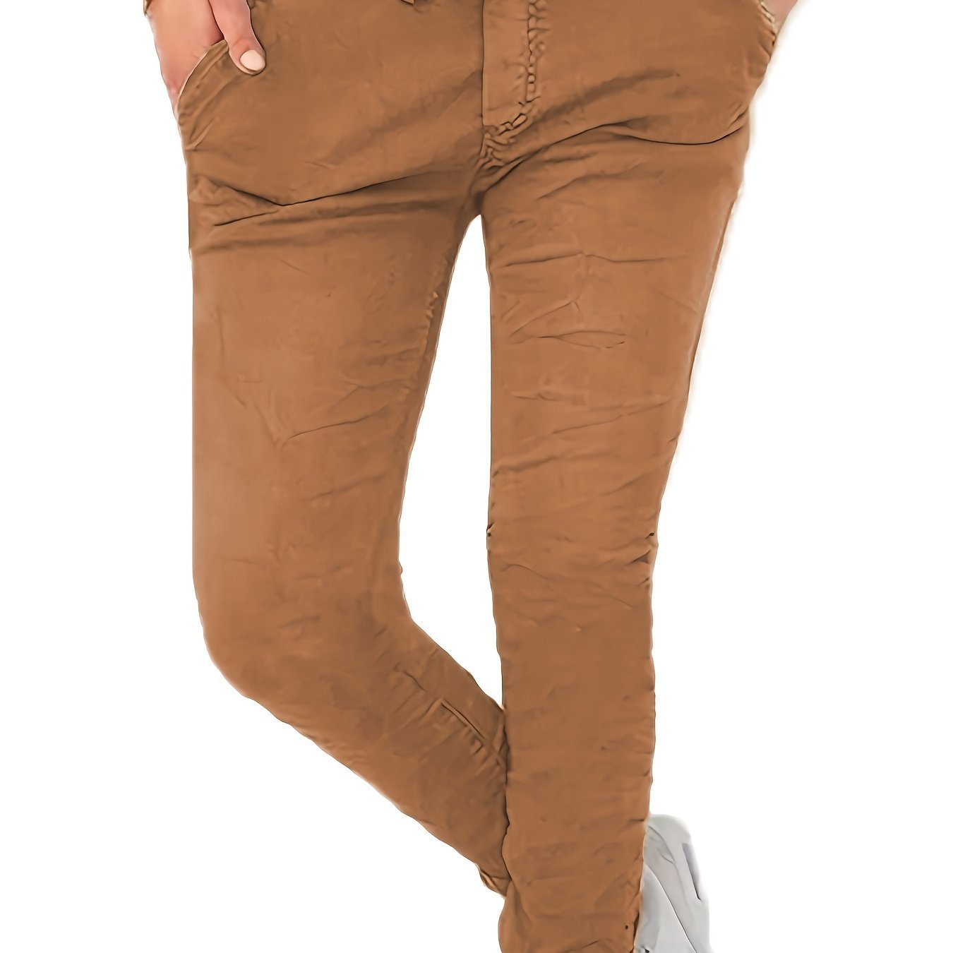Women's Stretchy Solid Color Casual Pants - High Waist, Drawstring, with Pockets | Machine Washable | Perfect for Spring/Fall - veyora