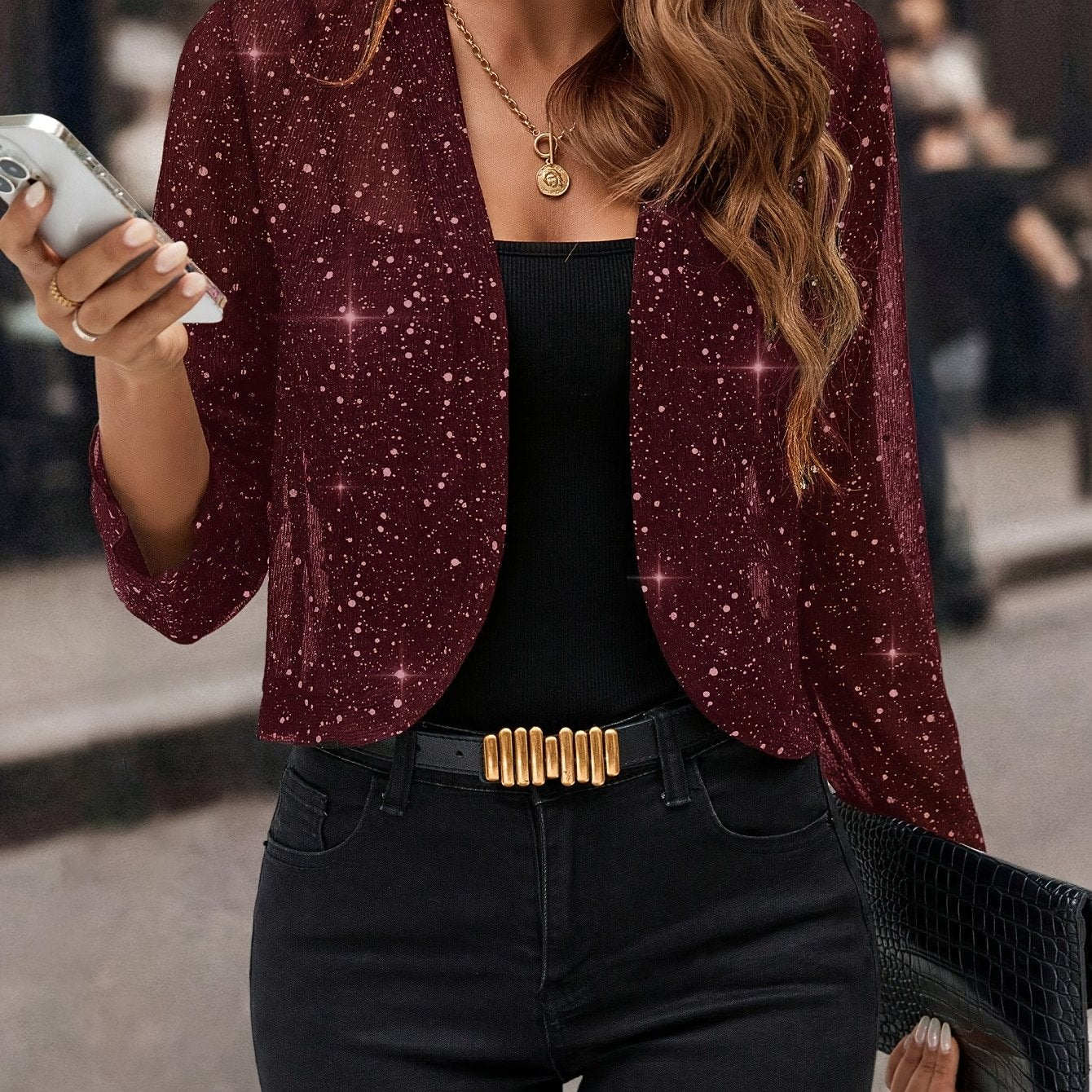 Women's Glitter Sequin Cardigan Jacket, Golden Foil Pleated Fabric 3/4 Sleeve Cropped Cardigan Jacket, Business Casual for Women - veyora