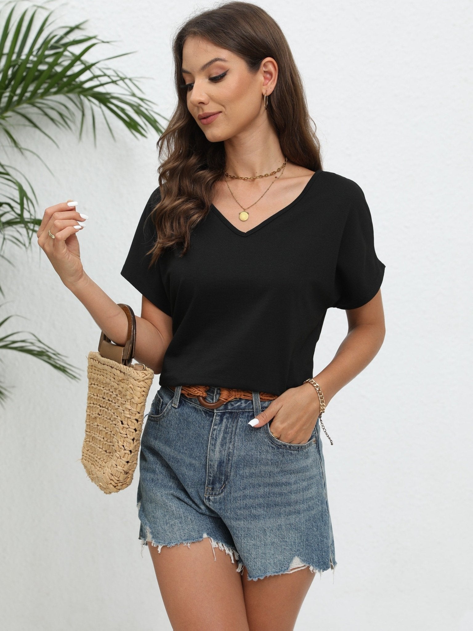 Women'S Stylish V - Neck Batwing Sleeve Solid Color T-Shirt - veyora