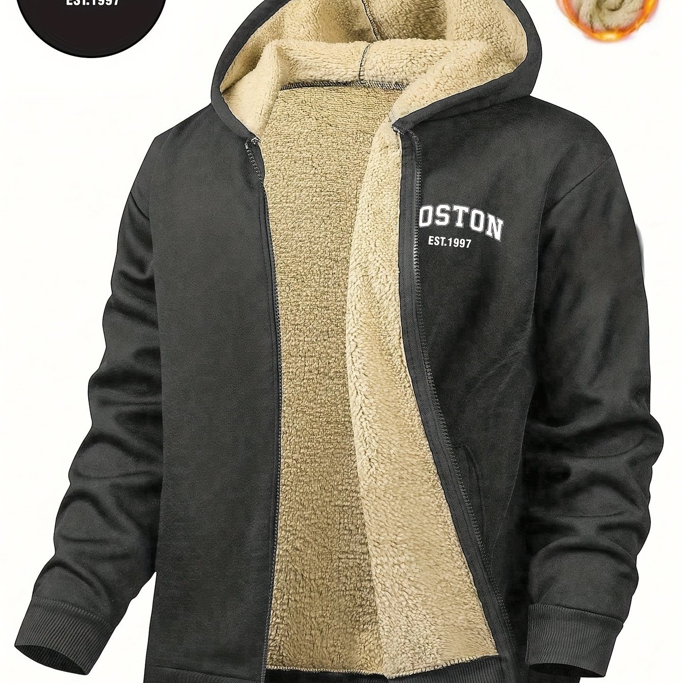 Men's Casual Zip - Up Hooded Jacket with Letter Print, Black & Beige Contrast, Regular Fit, Machine Washable, Front Pockets for Outdoor & Casual Attire - veyora