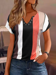 Colorblock Stripe Print V Neck T-Shirt, Casual Short Sleeve Top For Spring & Summer, Women's Clothing - veyora