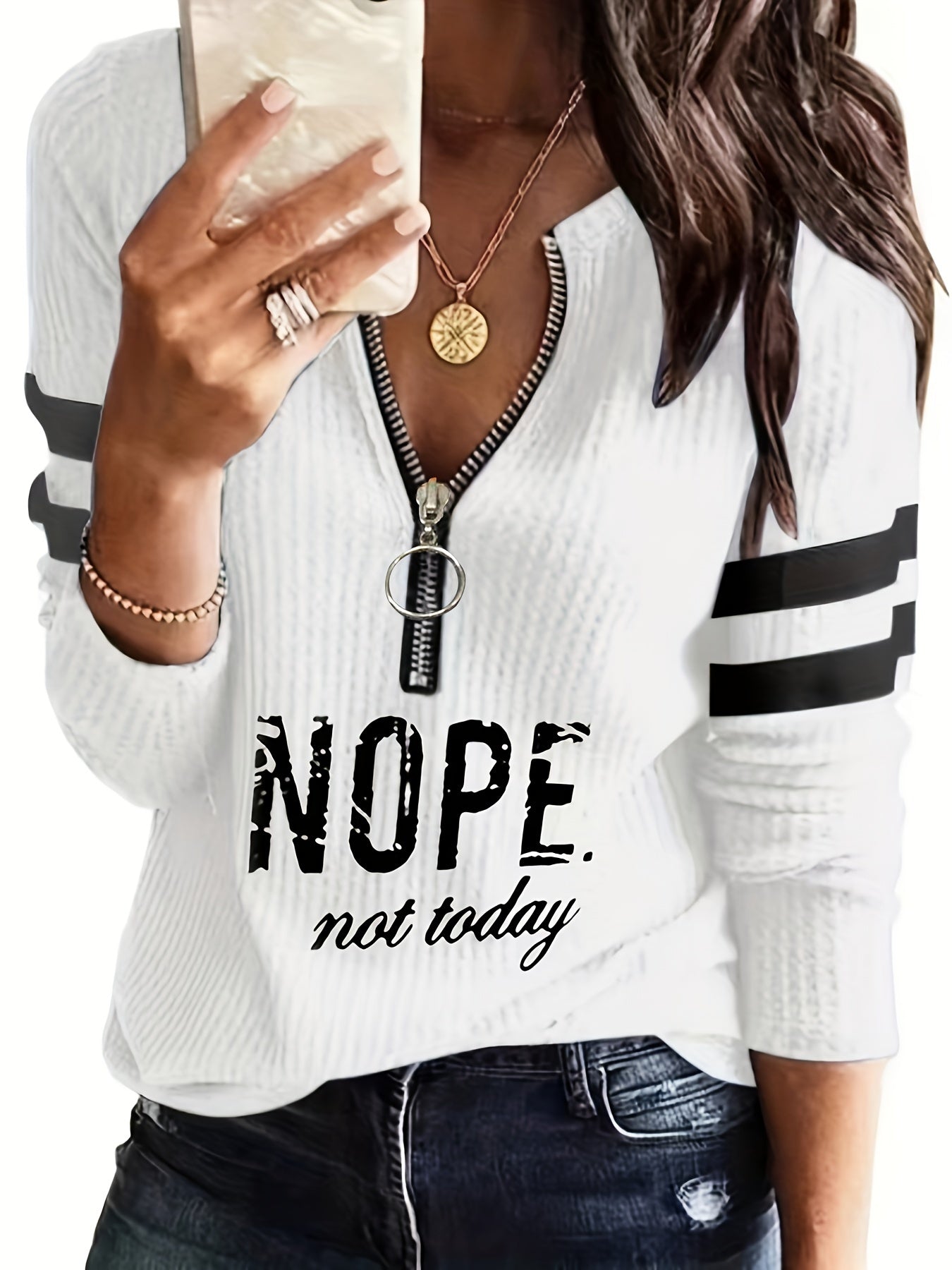 Stripe & Letter Print Zip Front T-Shirt, Casual Long Sleeve Top for Spring & Fall, Women's Clothing - veyora
