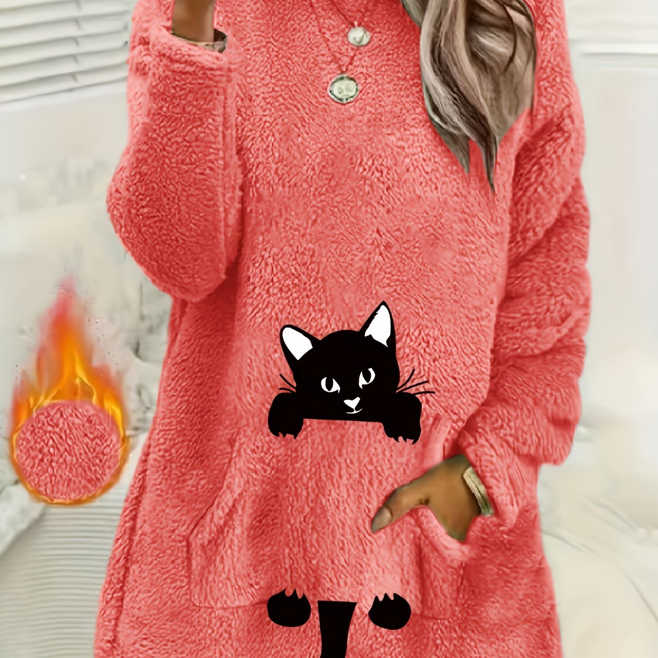 Women's Geometric Print Fleece Pullover Sweatshirt - Soft Long Sleeve Round Neck with Pockets, Machine Washable Casual Winter Wear, Elegant Regular Fit for All Seasons, Cute Sweatshirts, Allseason Apparel, Comfortable Pockets - veyora