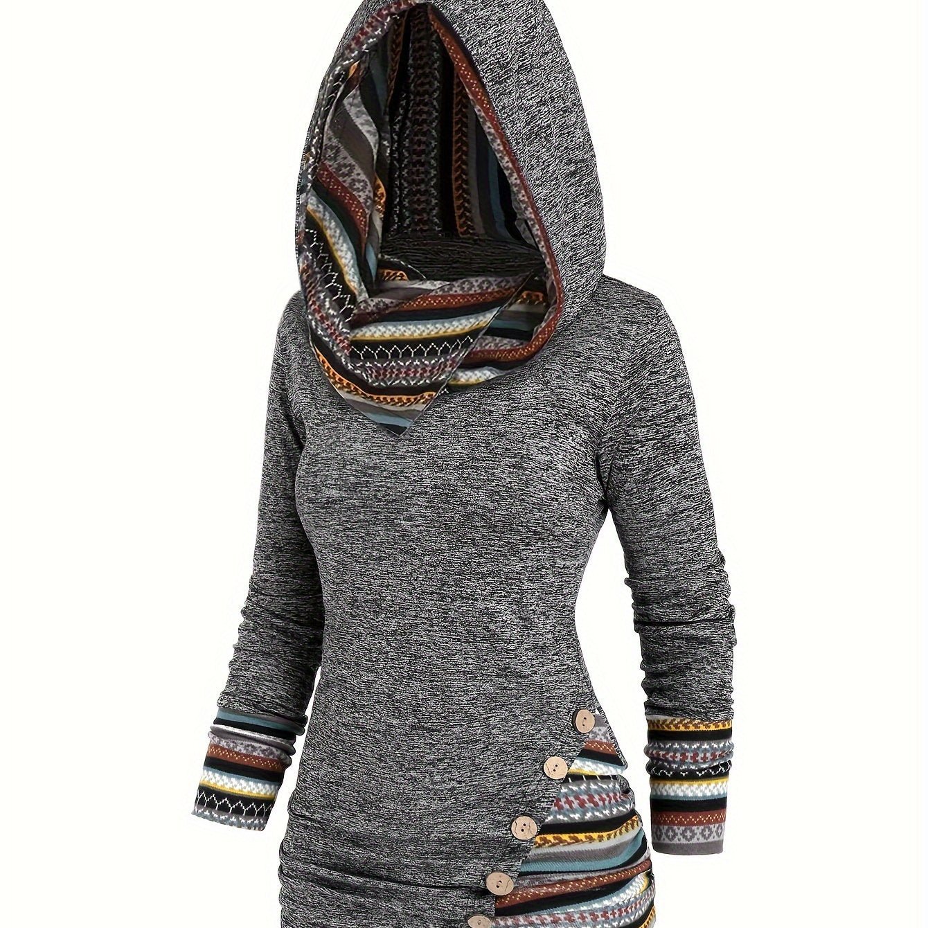 Women's Y2K Retro Geometric Striped Hooded Top - Ethnic Pattern Long Sleeve Faux Button Front, High Elasticity Machine - Washable Fall Winter Elegant Casual Chic Long Length Blouse, Elegant Long Sleeve Button Blouses, Highelasticity Knitwear - veyora