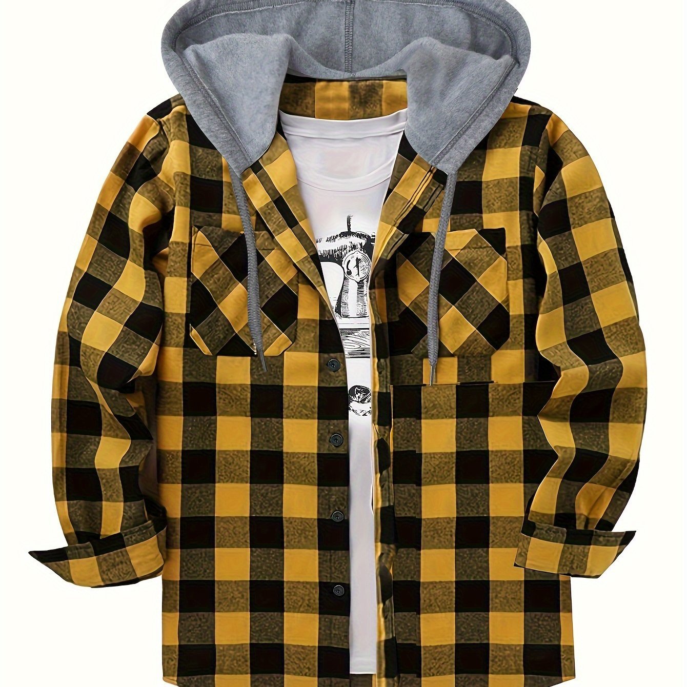 Men's Plaid Hooded Shirt Coat, Long Sleeve, Button Up, Casual Fit - veyora
