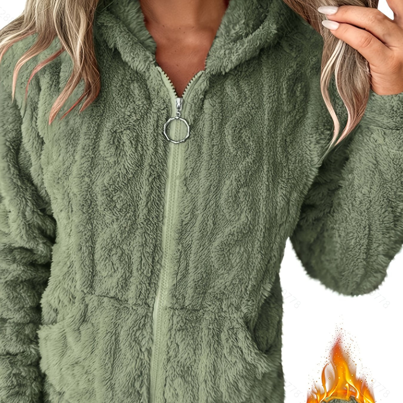 2025 Autumn/Winter Women's Casual Solid Color Warm Hooded Zipper Jacquard - Lined Long Sleeve Pocket Sweatshirt Niannian - veyora