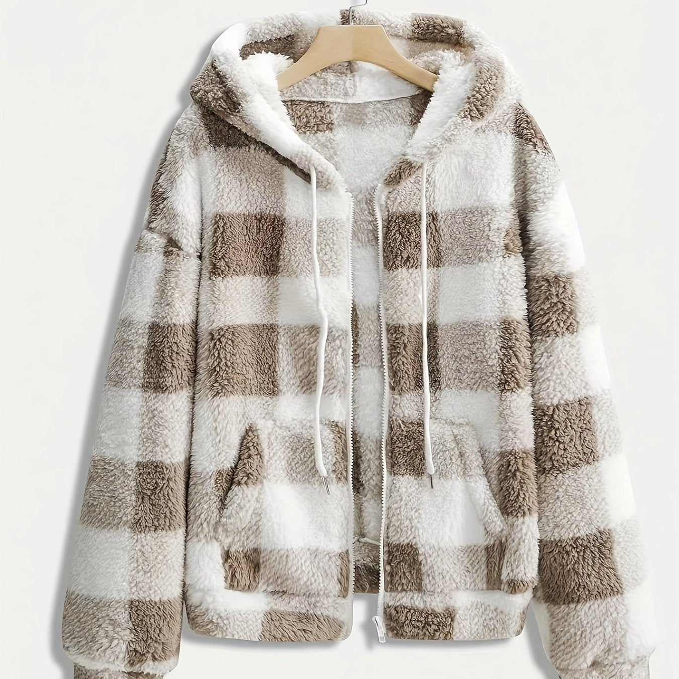Women'S Plaid Fleece Coat - Mustard - Yellow & Checkered Winter Warmth, Soft Plush Jacket with Full - Zip Front Closure, Cozy Casual Outerwear for Fall & Winter, Winter Clothing, Fall Fashion, Stylish Outerwear, Fashion Lovers - veyora