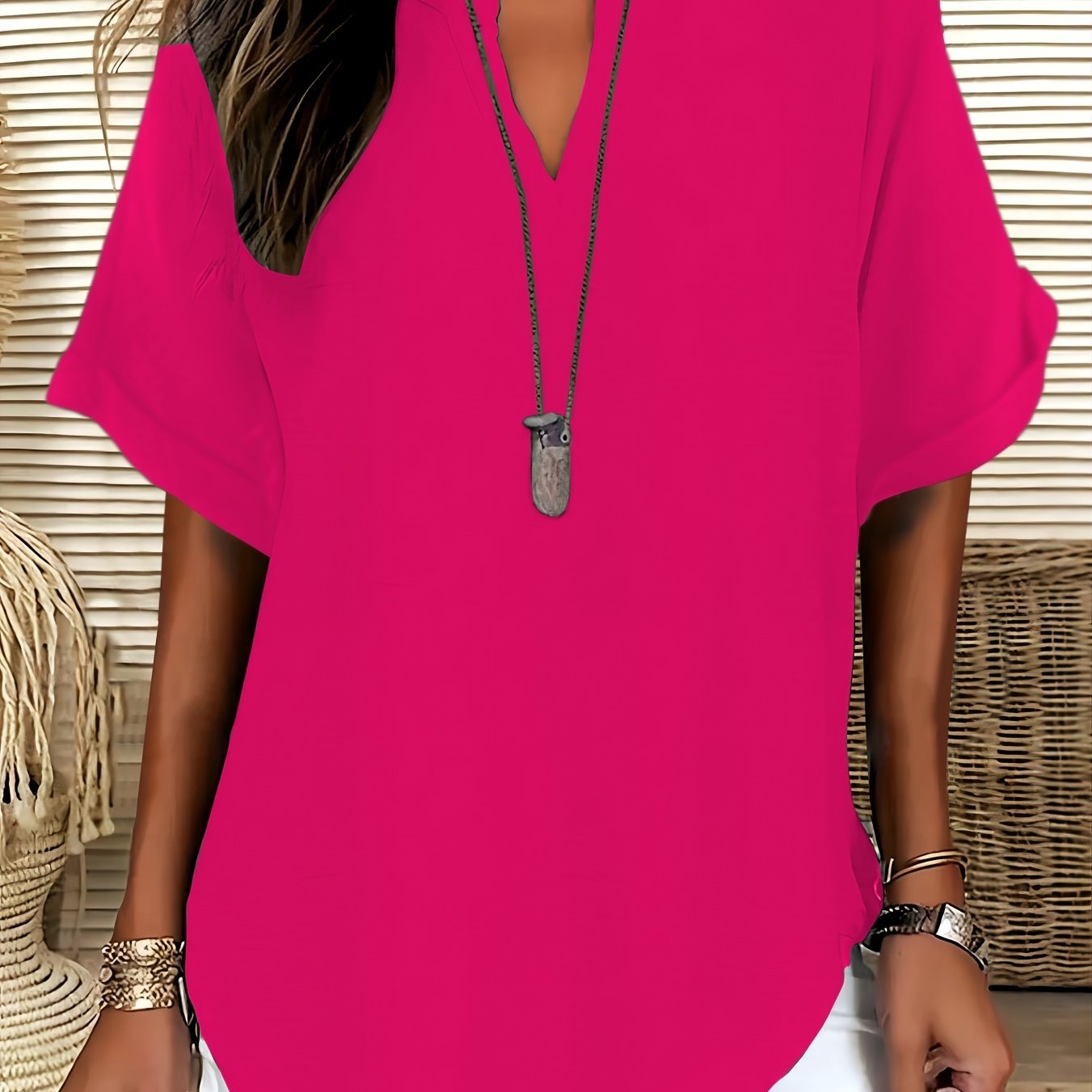 Women's V - neck Drop Shoulder Sleeves Solid Color Loose Short Sleeve Shirt Top - veyora