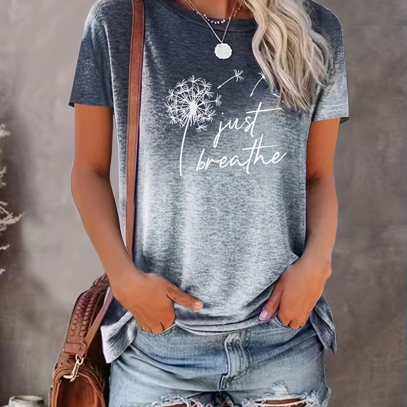 Just Breathe & Dandelion Print T-shirt, Casual Crew Neck Short Sleeve Top, Women's Clothing - veyora