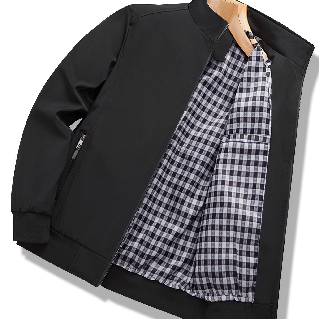 Men'S Lightweight Windbreaker Jacket - Casual Zip - Up with Stand Collar, Polyester, Solid Gray with Checkered Detail Pocket - Perfect for Spring & Fall - veyora