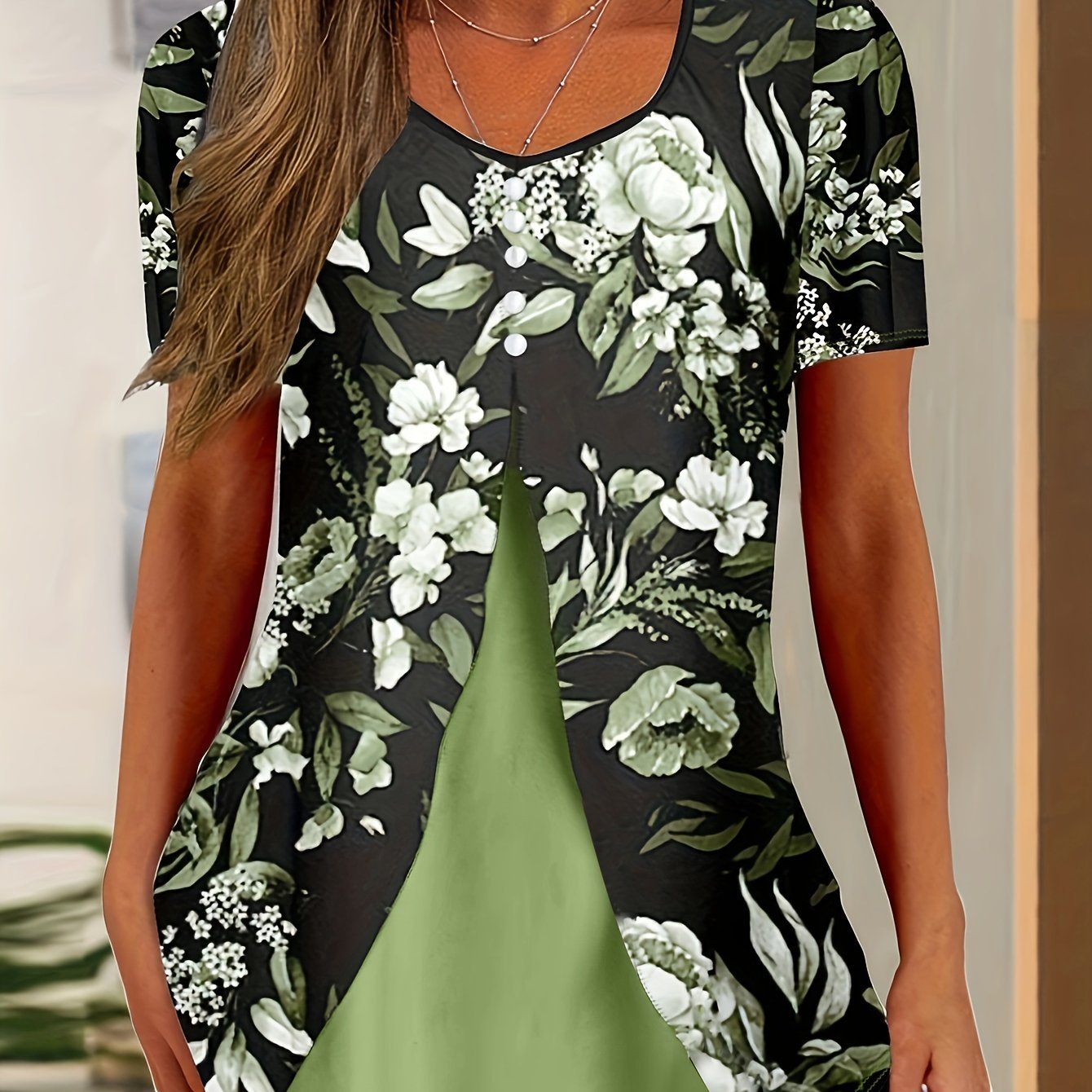 Floral Print Faux Peal Decor T-Shirt, Casual V Neck Short Sleeve Top For Spring & Summer, Women's Clothing - veyora