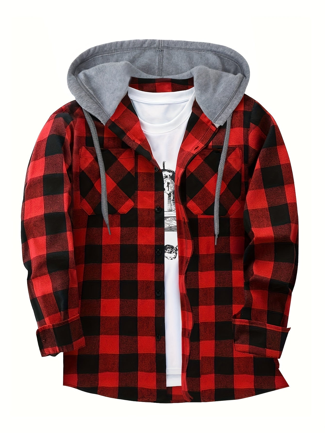 Men's Plaid Hooded Shirt Coat, Long Sleeve, Button Up, Casual Fit - veyora